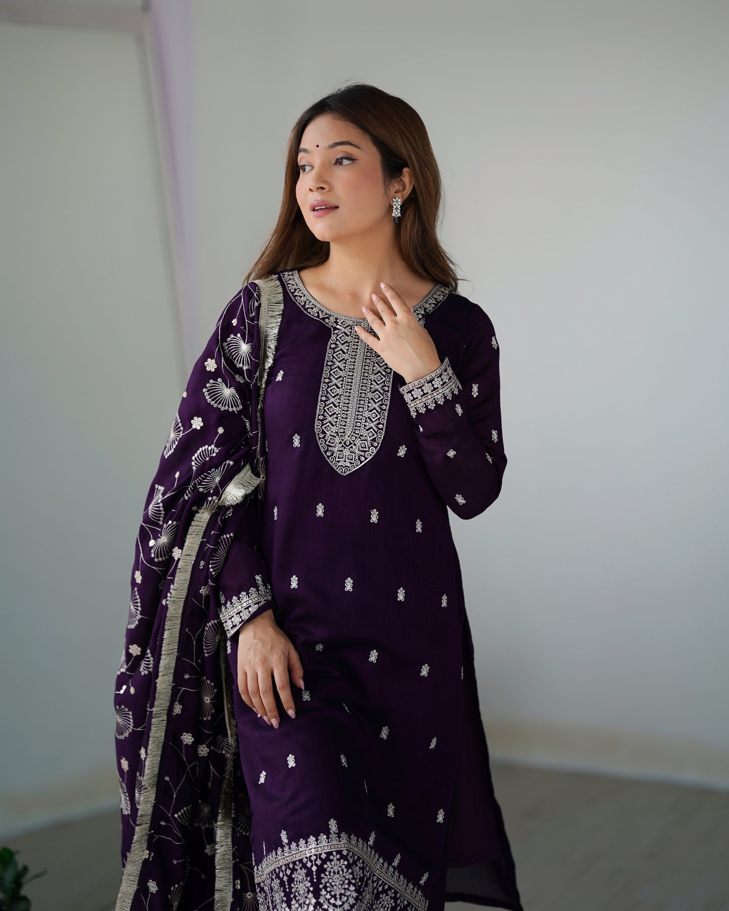 Purple Rangoli Silk Sequins Zari Embroidered Kurti Pant Suit