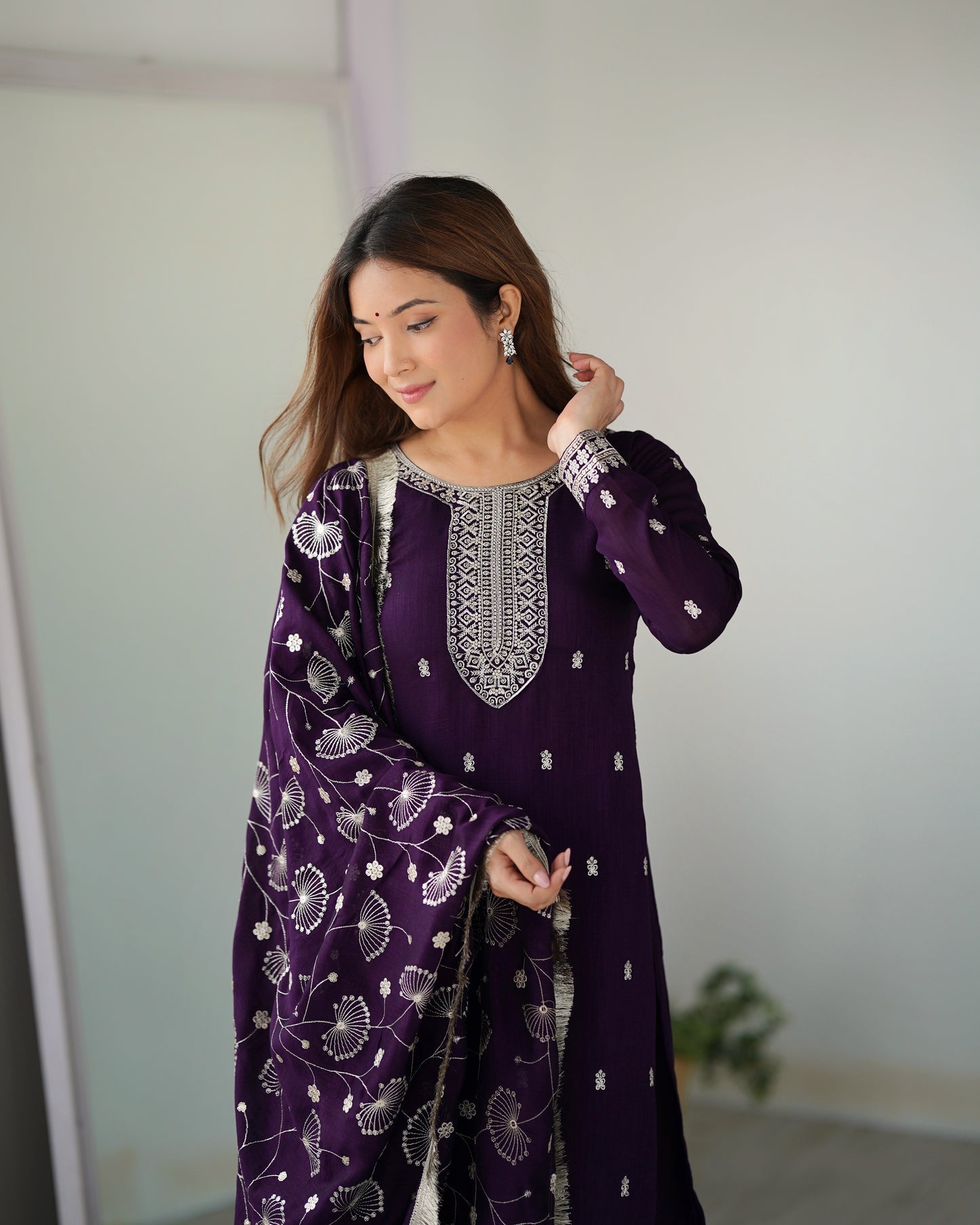 Purple Rangoli Silk Sequins Zari Embroidered Kurti Pant Suit