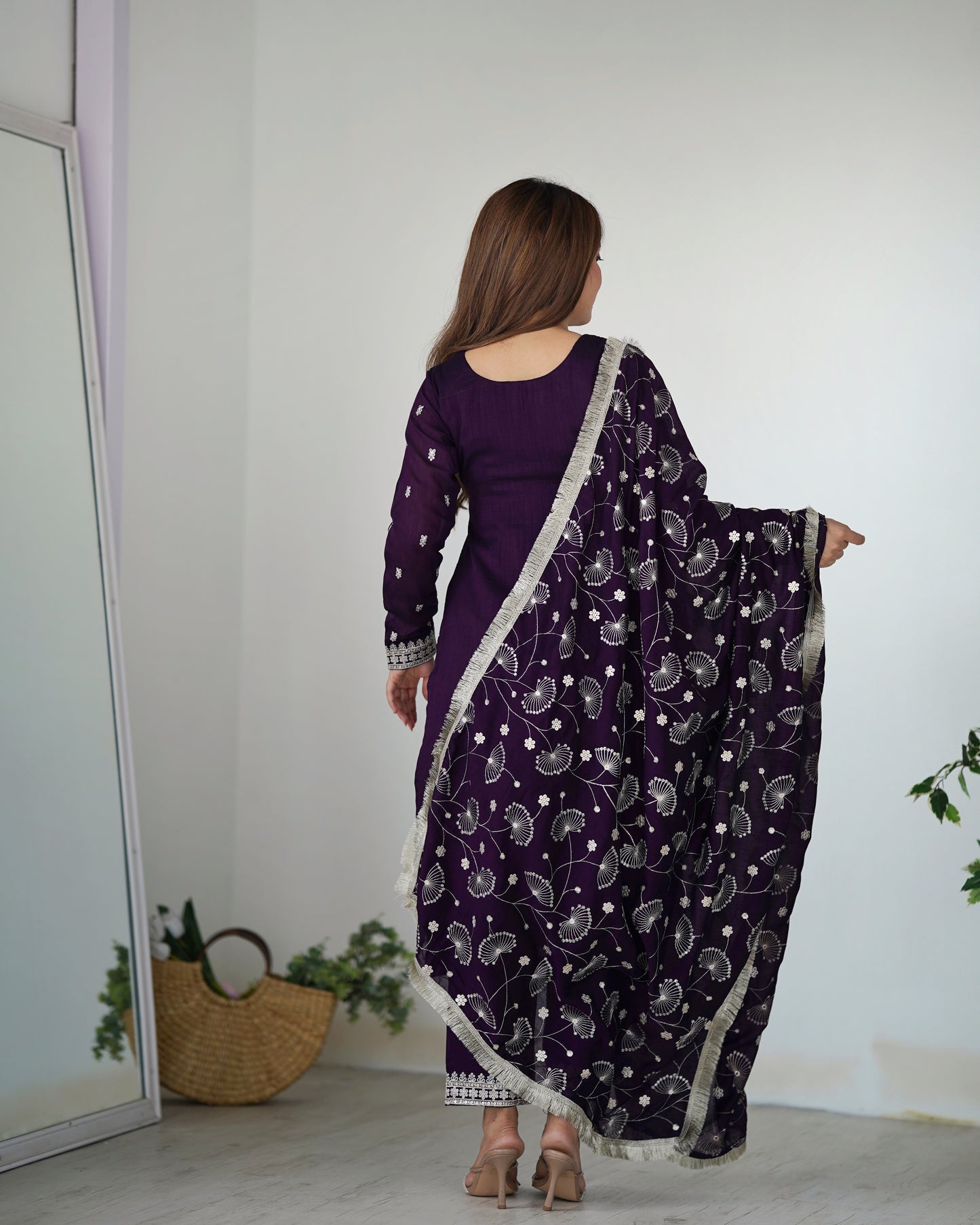 Purple Rangoli Silk Sequins Zari Embroidered Kurti Pant Suit
