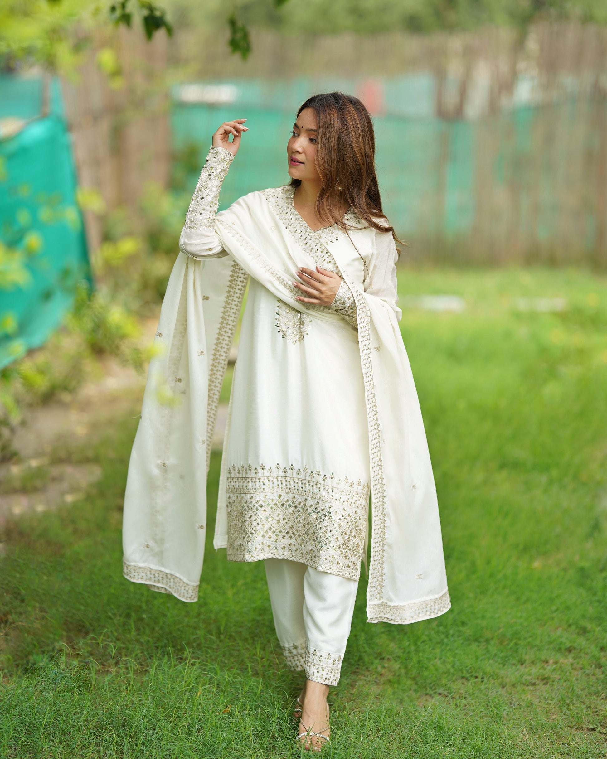 Grace in Every Thread – Chinon Silk Embroidered Kurta Set - Ethnicwish