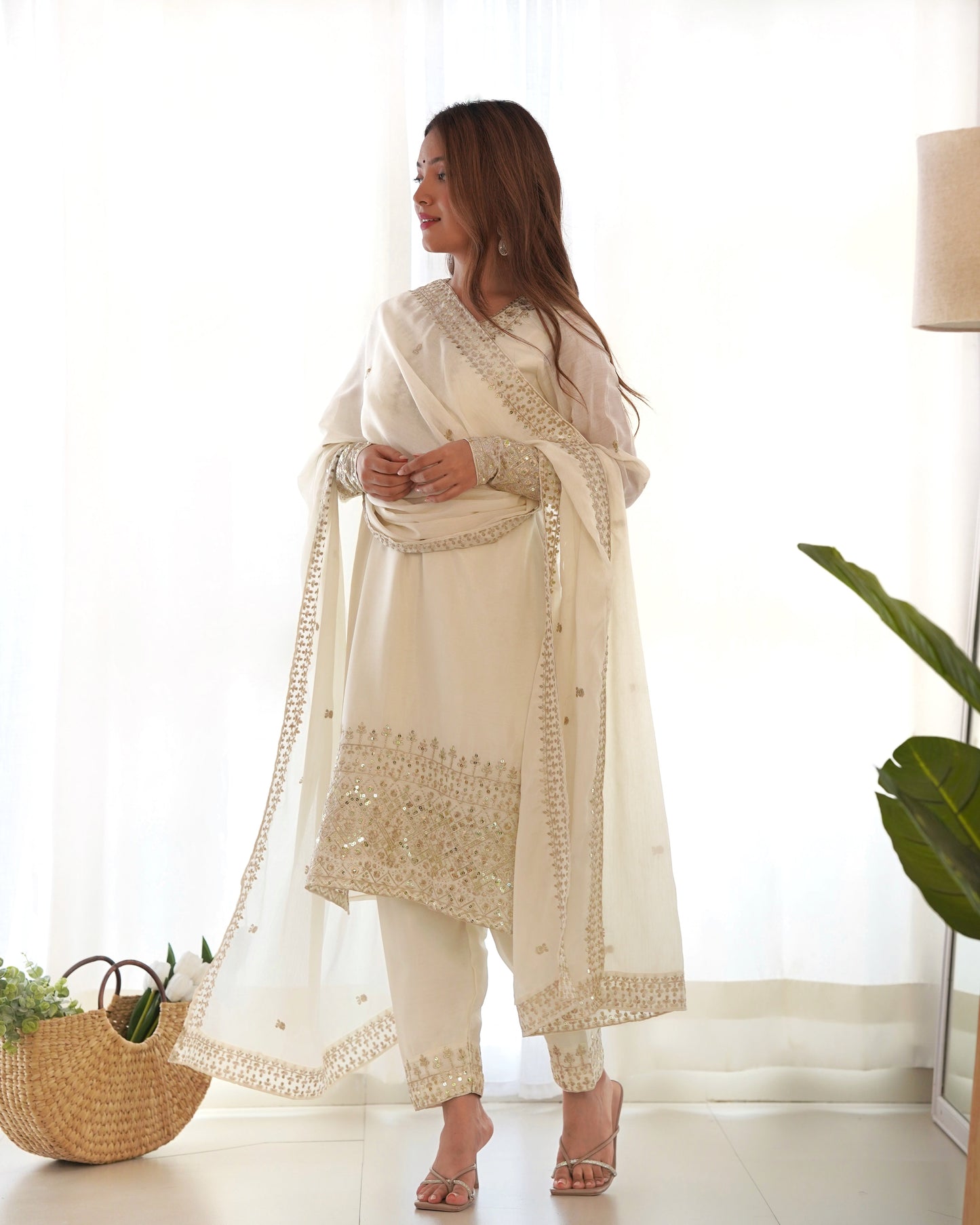 Grace in Every Thread – Chinon Silk Embroidered Kurta Set - Ethnicwish