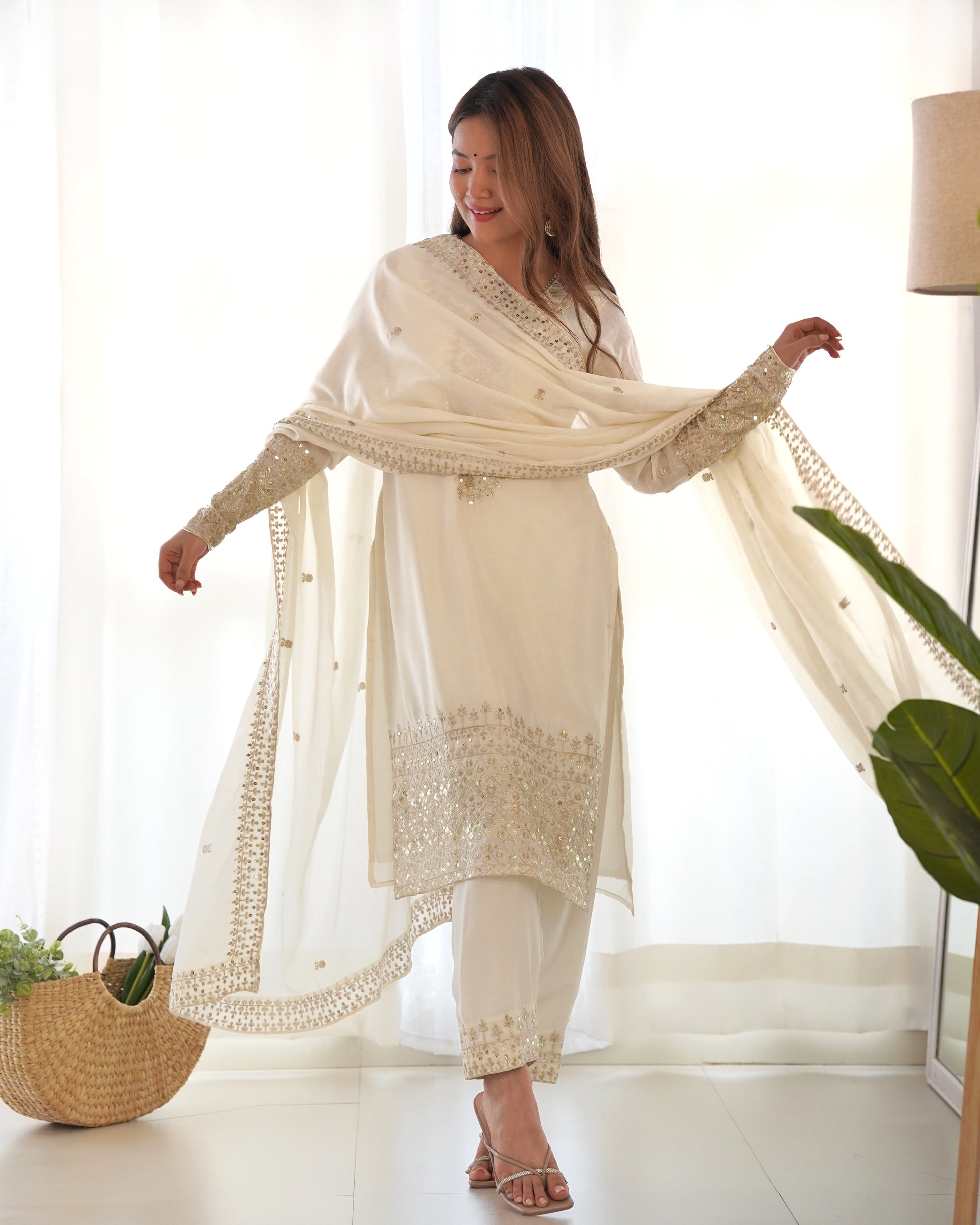 Grace in Every Thread – Chinon Silk Embroidered Kurta Set - Ethnicwish