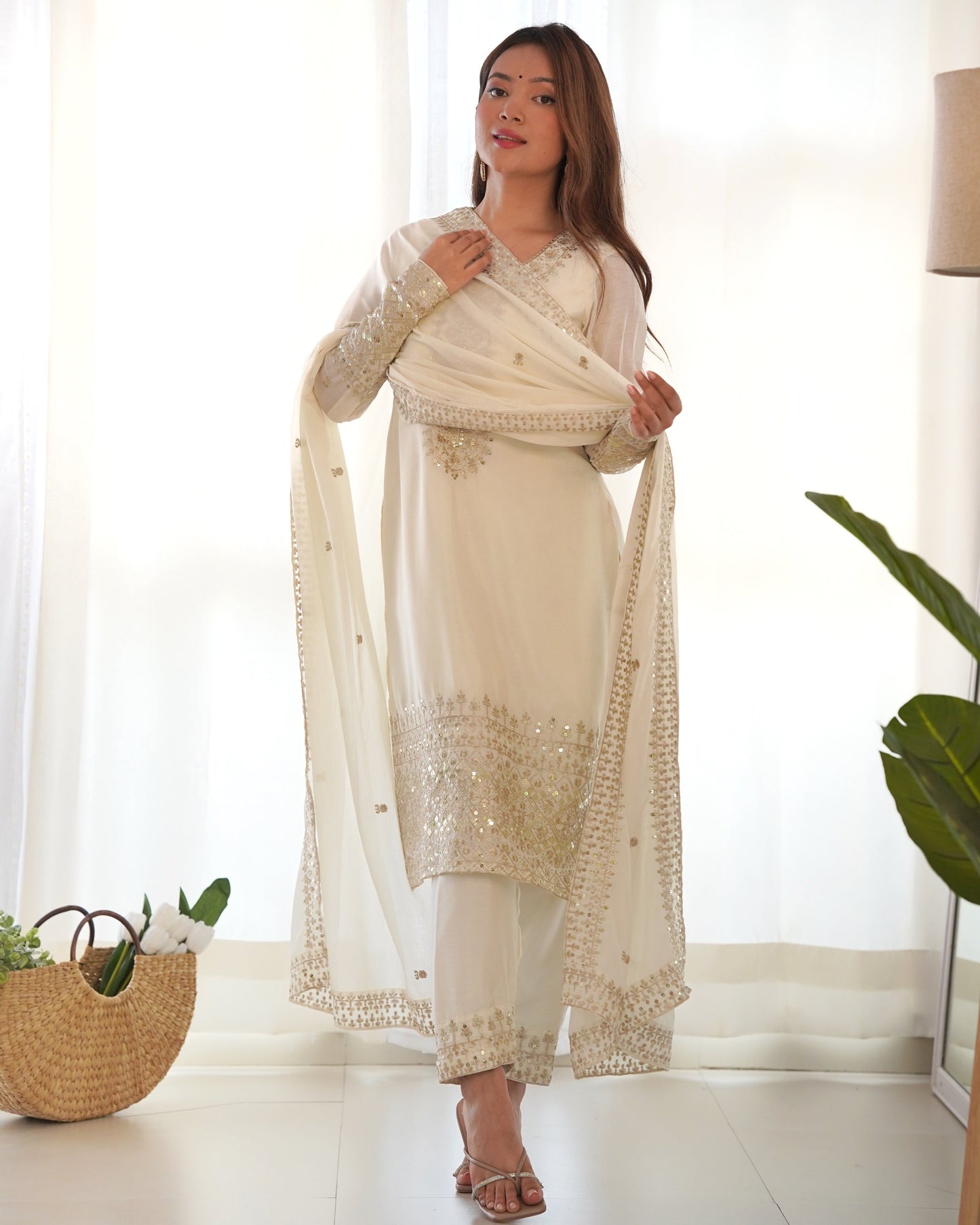 Grace in Every Thread – Chinon Silk Embroidered Kurta Set - Ethnicwish