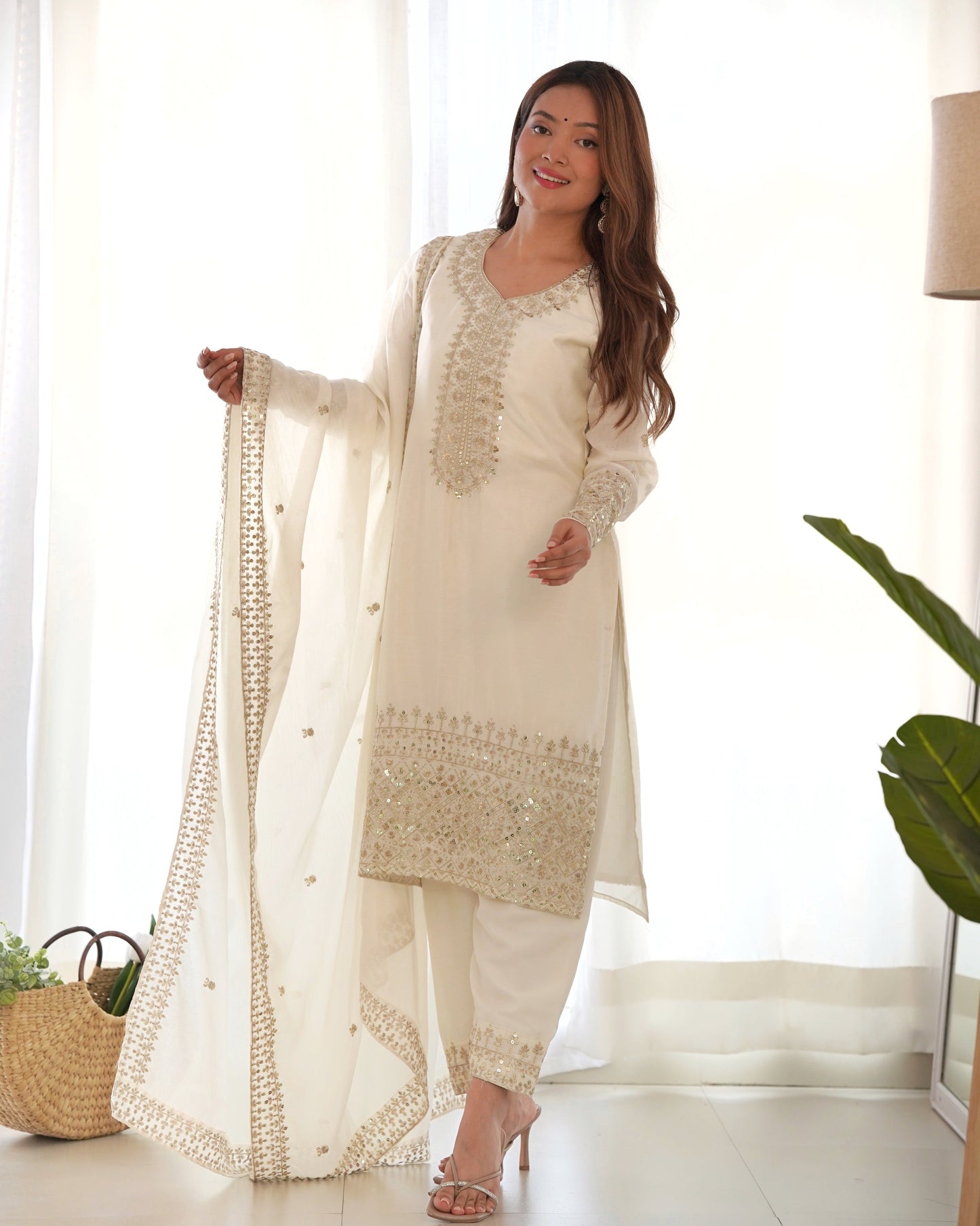Grace in Every Thread – Chinon Silk Embroidered Kurta Set - Ethnicwish