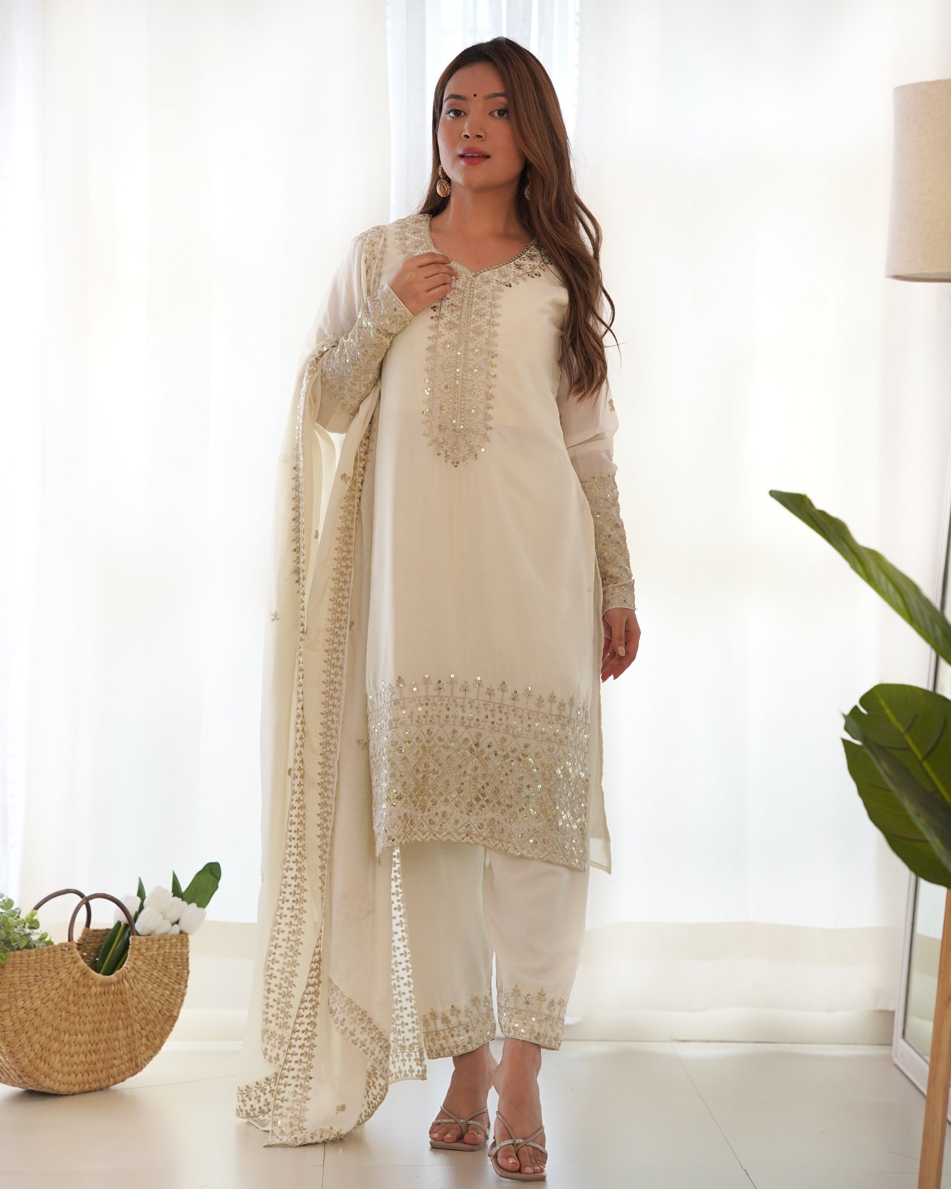 Grace in Every Thread – Chinon Silk Embroidered Kurta Set - Ethnicwish