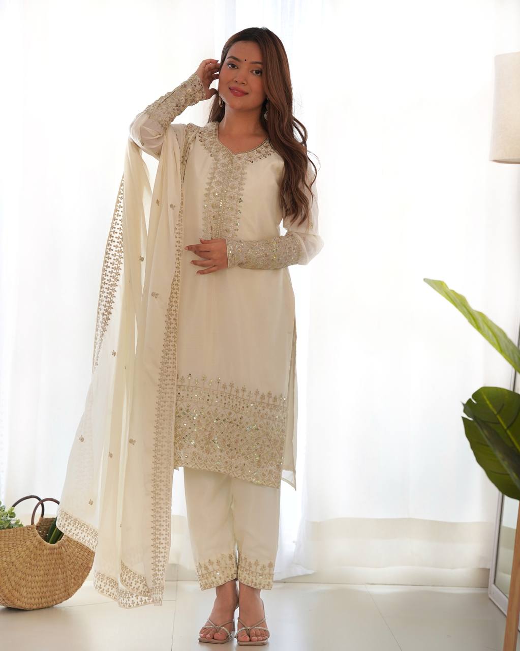 Grace in Every Thread – Chinon Silk Embroidered Kurta Set - Ethnicwish