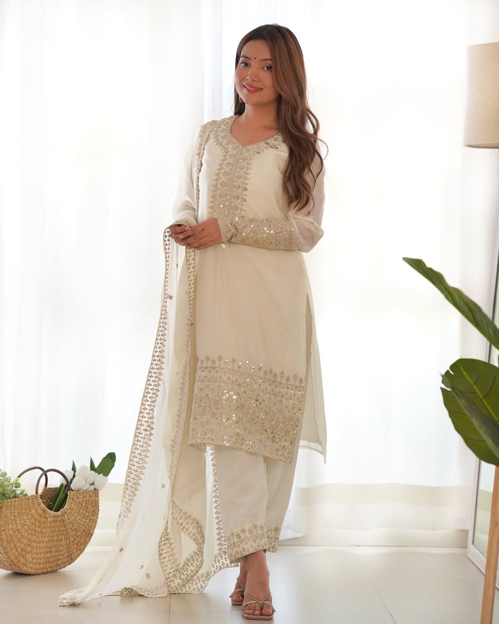 Grace in Every Thread – Chinon Silk Embroidered Kurta Set - Ethnicwish