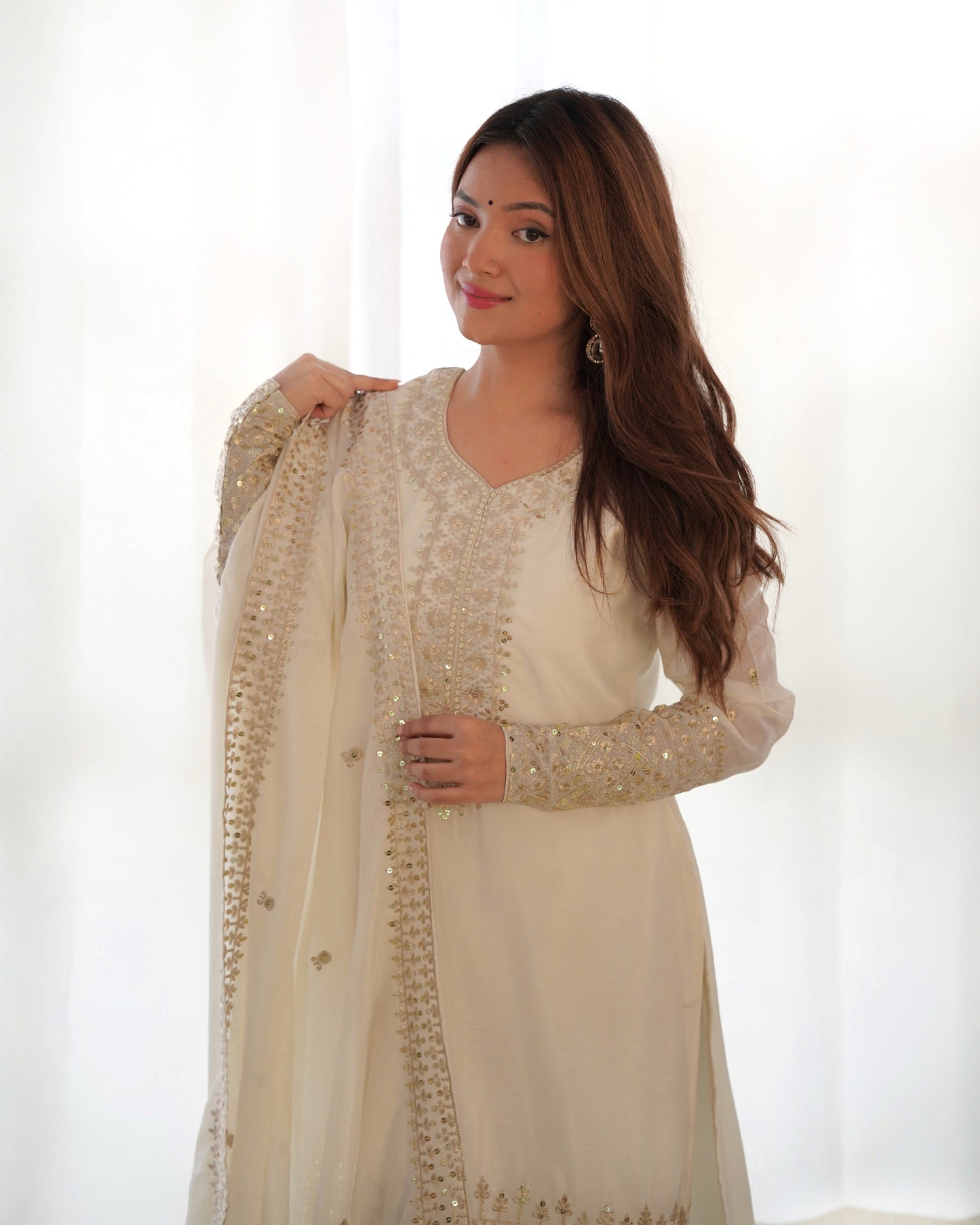 Grace in Every Thread – Chinon Silk Embroidered Kurta Set - Ethnicwish