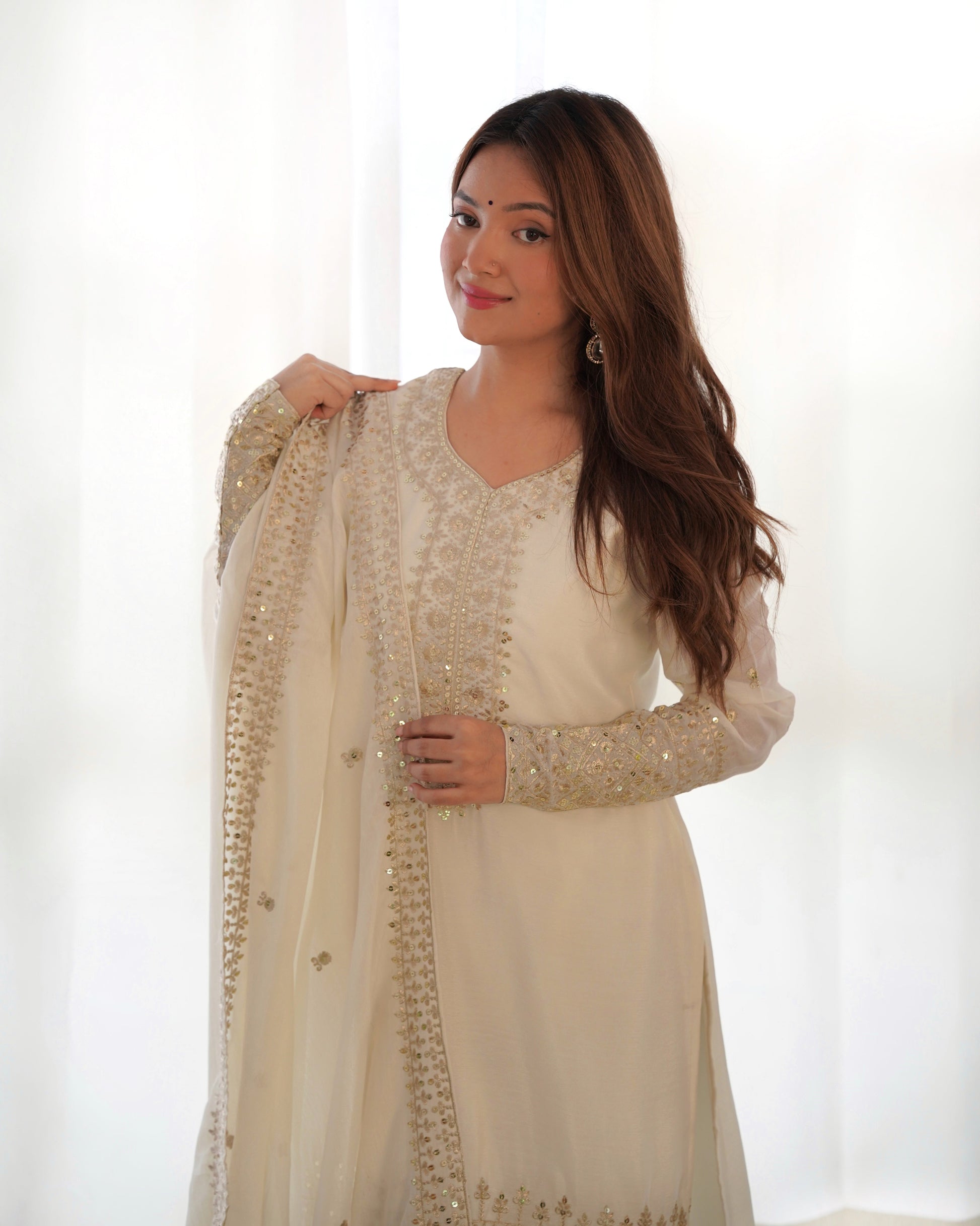 Grace in Every Thread – Chinon Silk Embroidered Kurta Set - Ethnicwish
