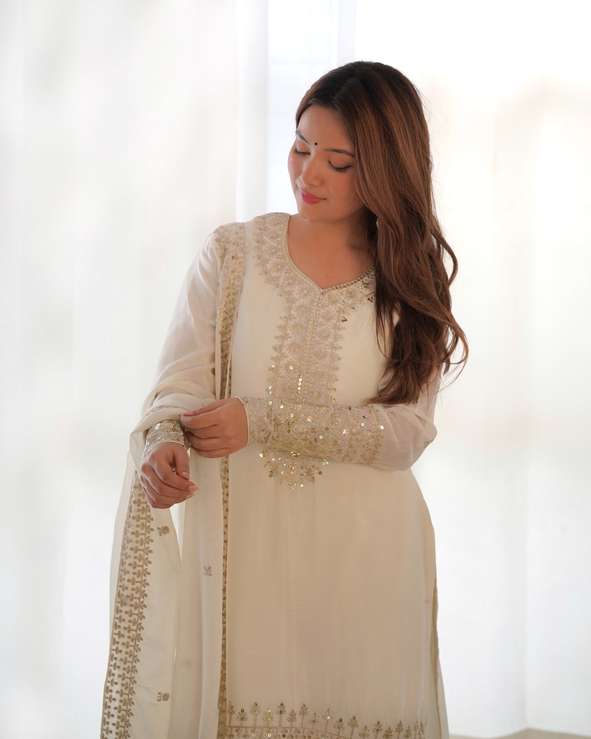 Grace in Every Thread – Chinon Silk Embroidered Kurta Set - Ethnicwish