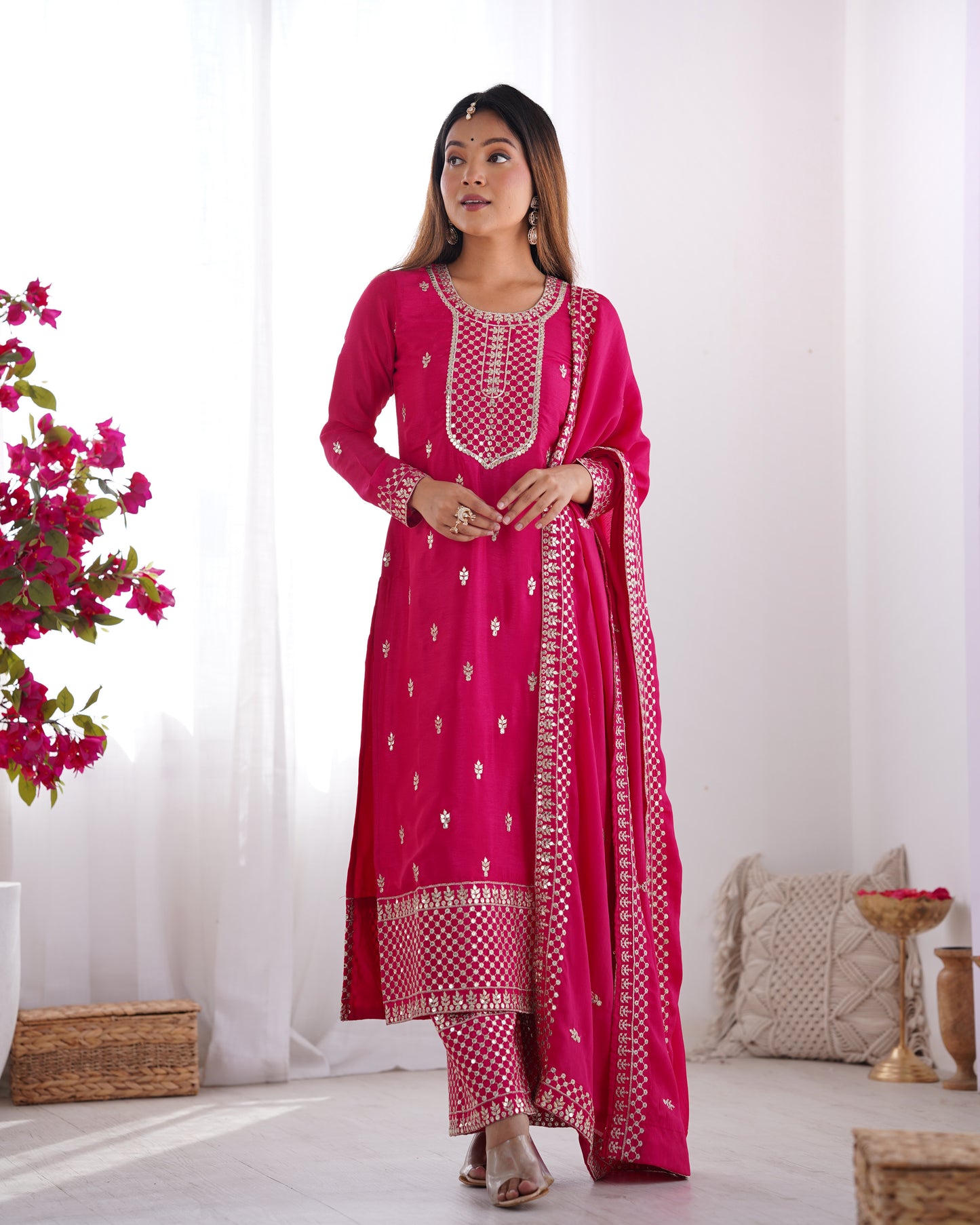 Elegant Embroidered Chinon Silk Kurta Set – A Touch of Royalty