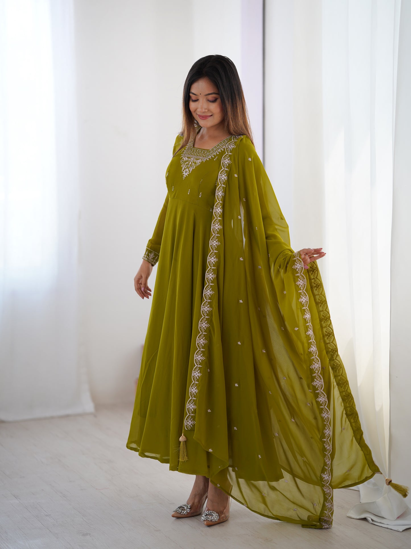 Premium Embroidered Faux Georgette Anarkali Set – Fully Stitched & Elegant