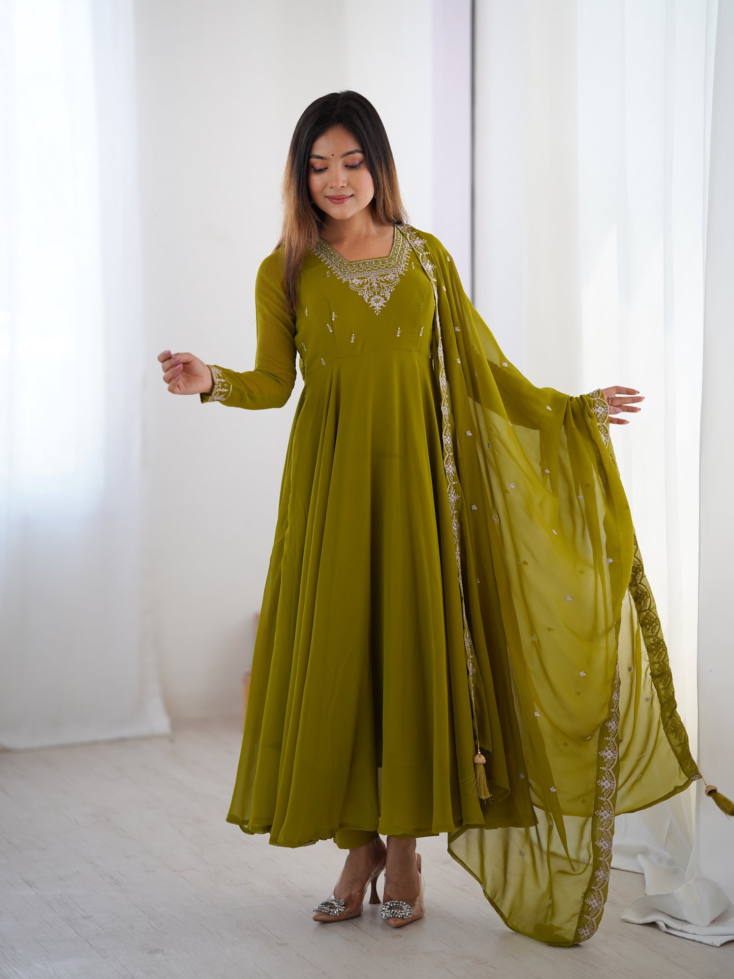 Premium Embroidered Faux Georgette Anarkali Set – Fully Stitched & Elegant