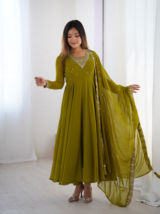 Premium Embroidered Faux Georgette Anarkali Set – Fully Stitched & Elegant
