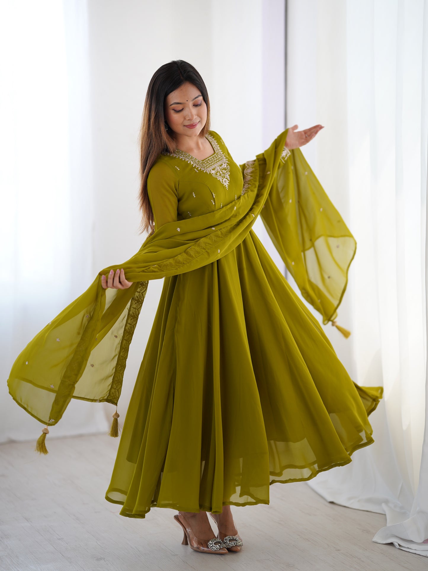 Premium Embroidered Faux Georgette Anarkali Set – Fully Stitched & Elegant