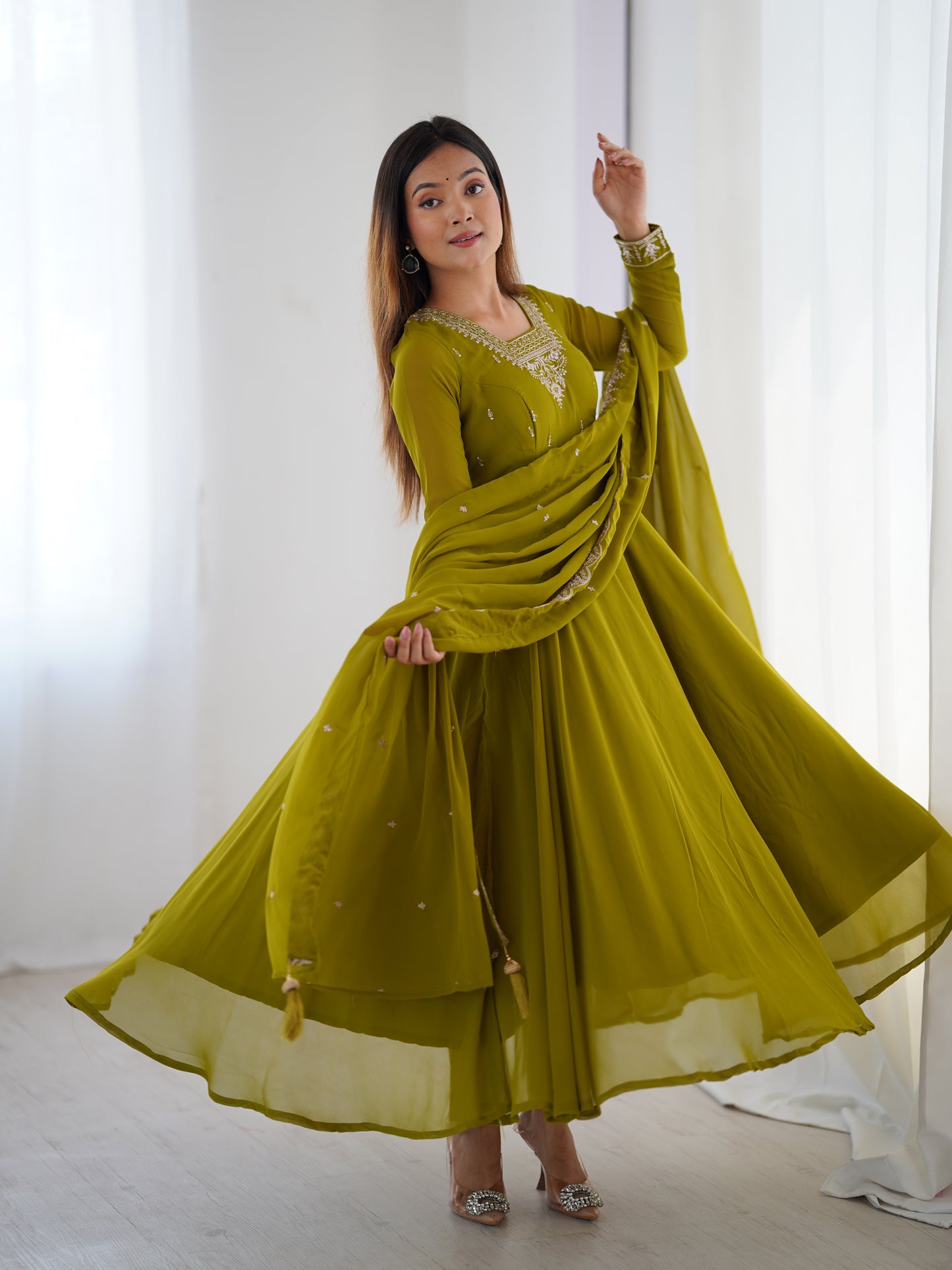 Premium Embroidered Faux Georgette Anarkali Set – Fully Stitched & Elegant