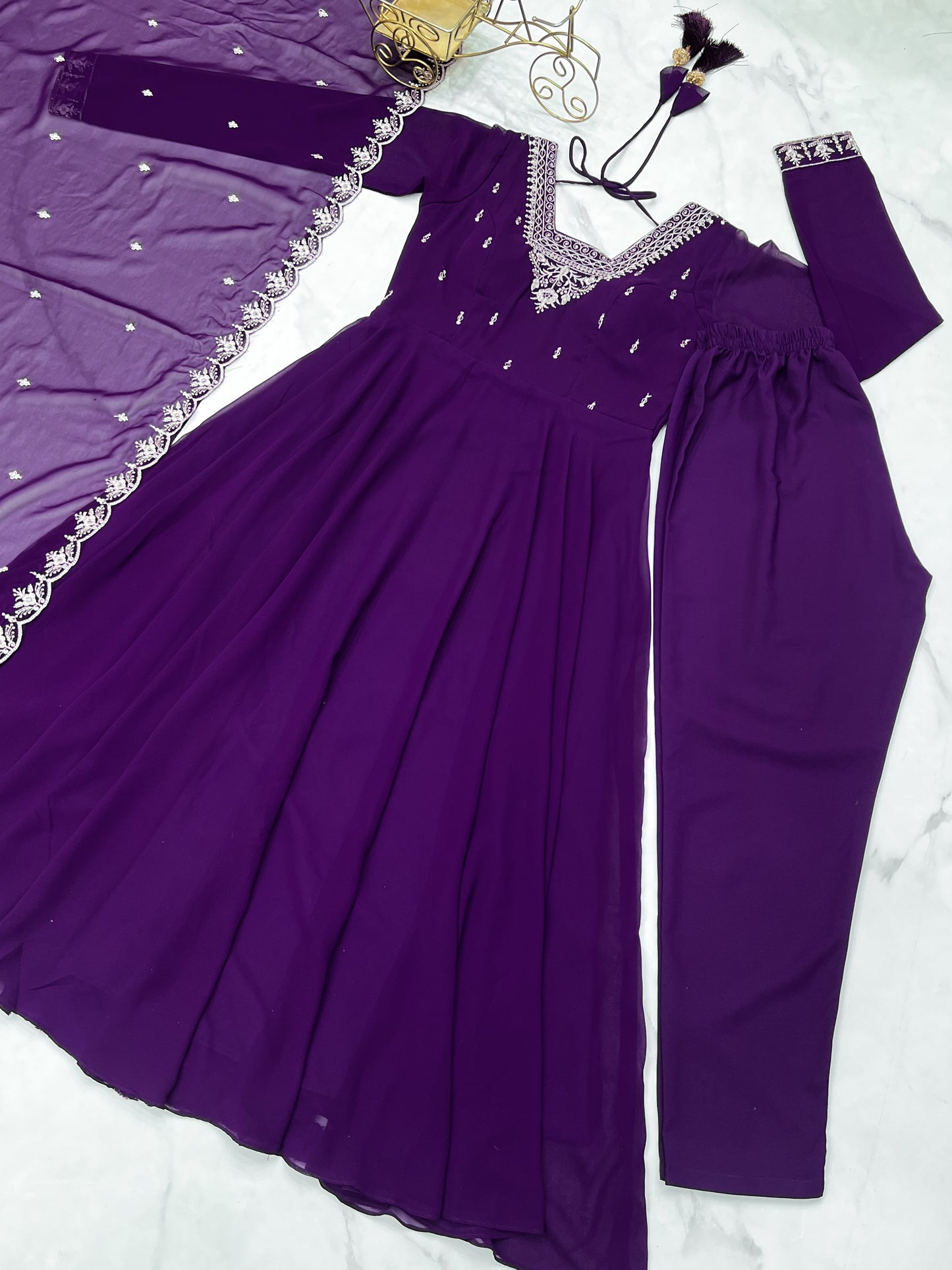 Premium Embroidered Faux Georgette Anarkali Set – Fully Stitched & Elegant