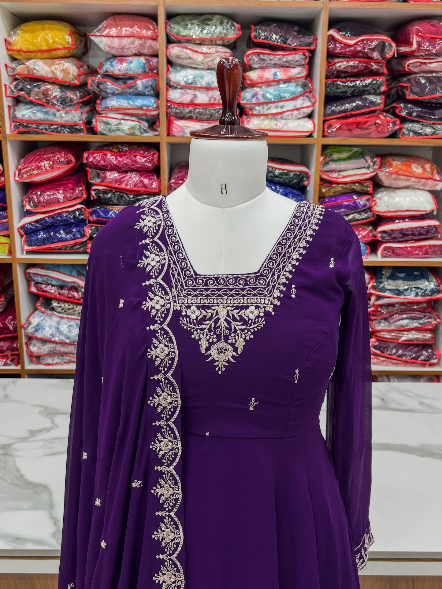 Premium Embroidered Faux Georgette Anarkali Set – Fully Stitched & Elegant