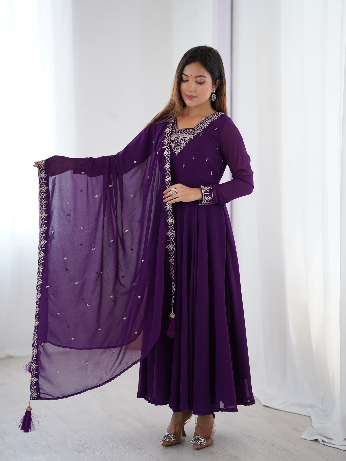 Premium Embroidered Faux Georgette Anarkali Set – Fully Stitched & Elegant