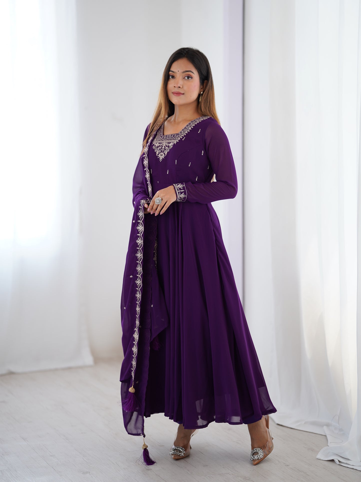 Premium Embroidered Faux Georgette Anarkali Set – Fully Stitched & Elegant