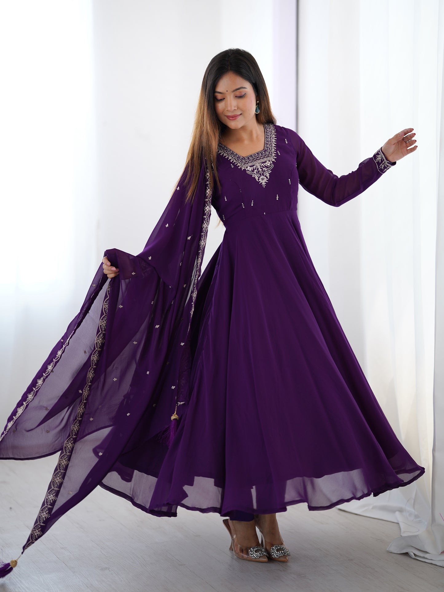 Premium Embroidered Faux Georgette Anarkali Set – Fully Stitched & Elegant