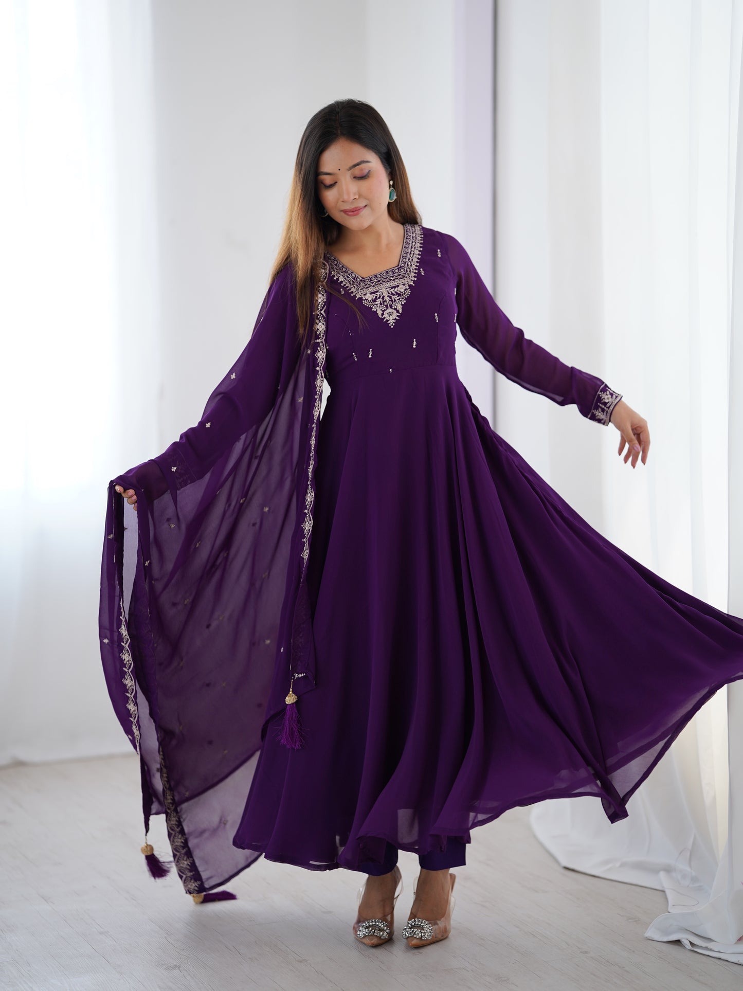Premium Embroidered Faux Georgette Anarkali Set – Fully Stitched & Elegant