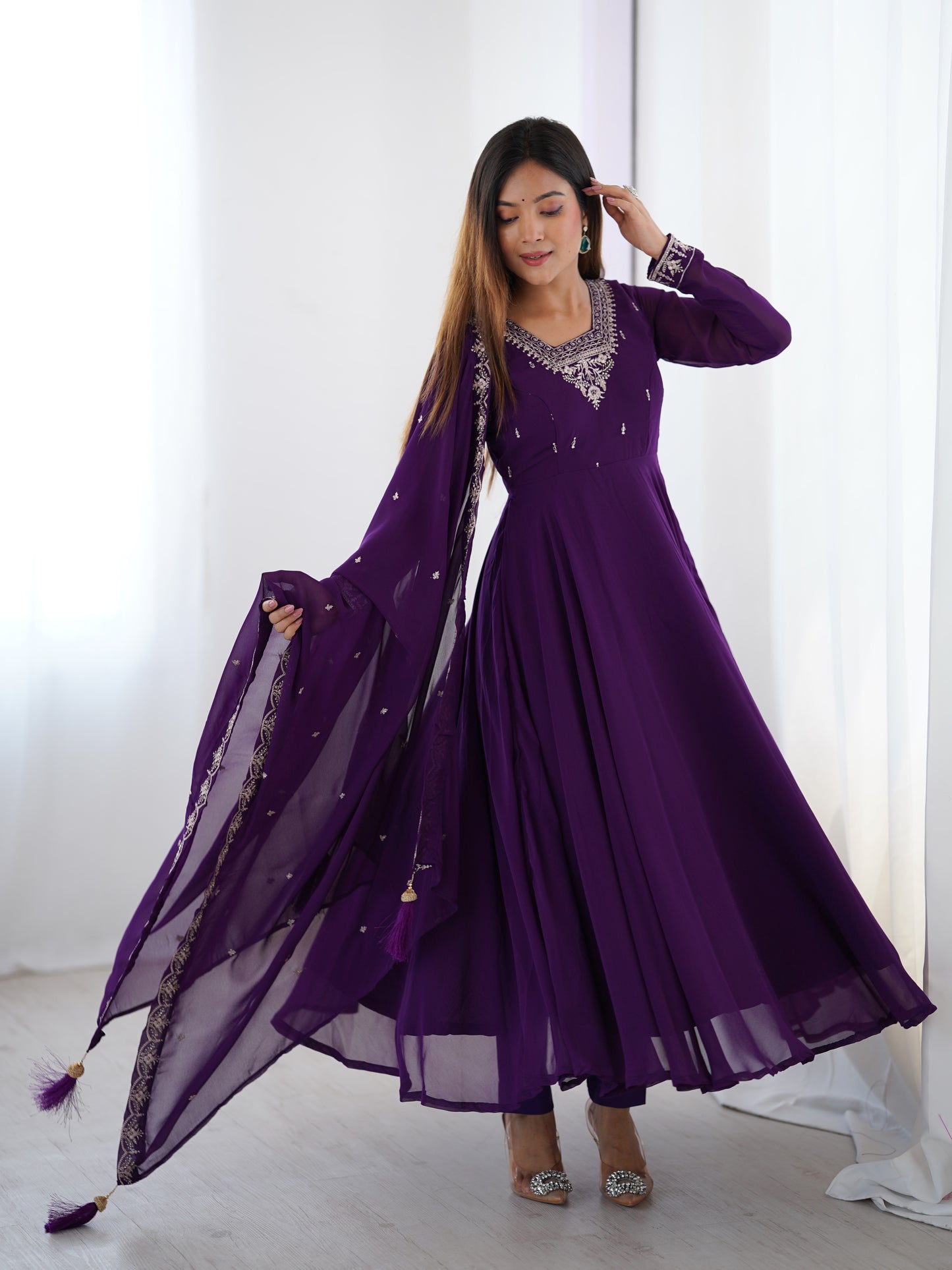 Premium Embroidered Faux Georgette Anarkali Set – Fully Stitched & Elegant