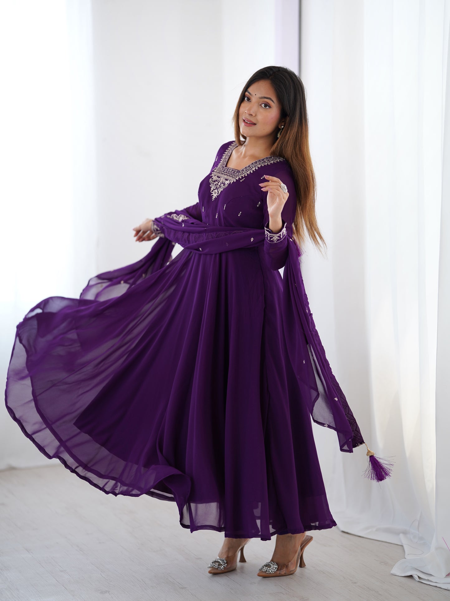 Premium Embroidered Faux Georgette Anarkali Set – Fully Stitched & Elegant
