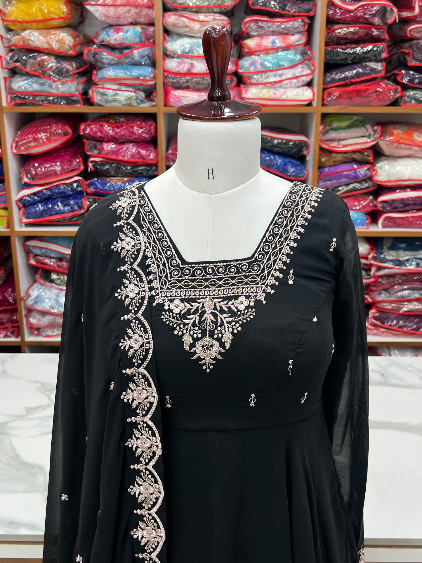 Premium Embroidered Faux Georgette Anarkali Set – Fully Stitched & Elegant
