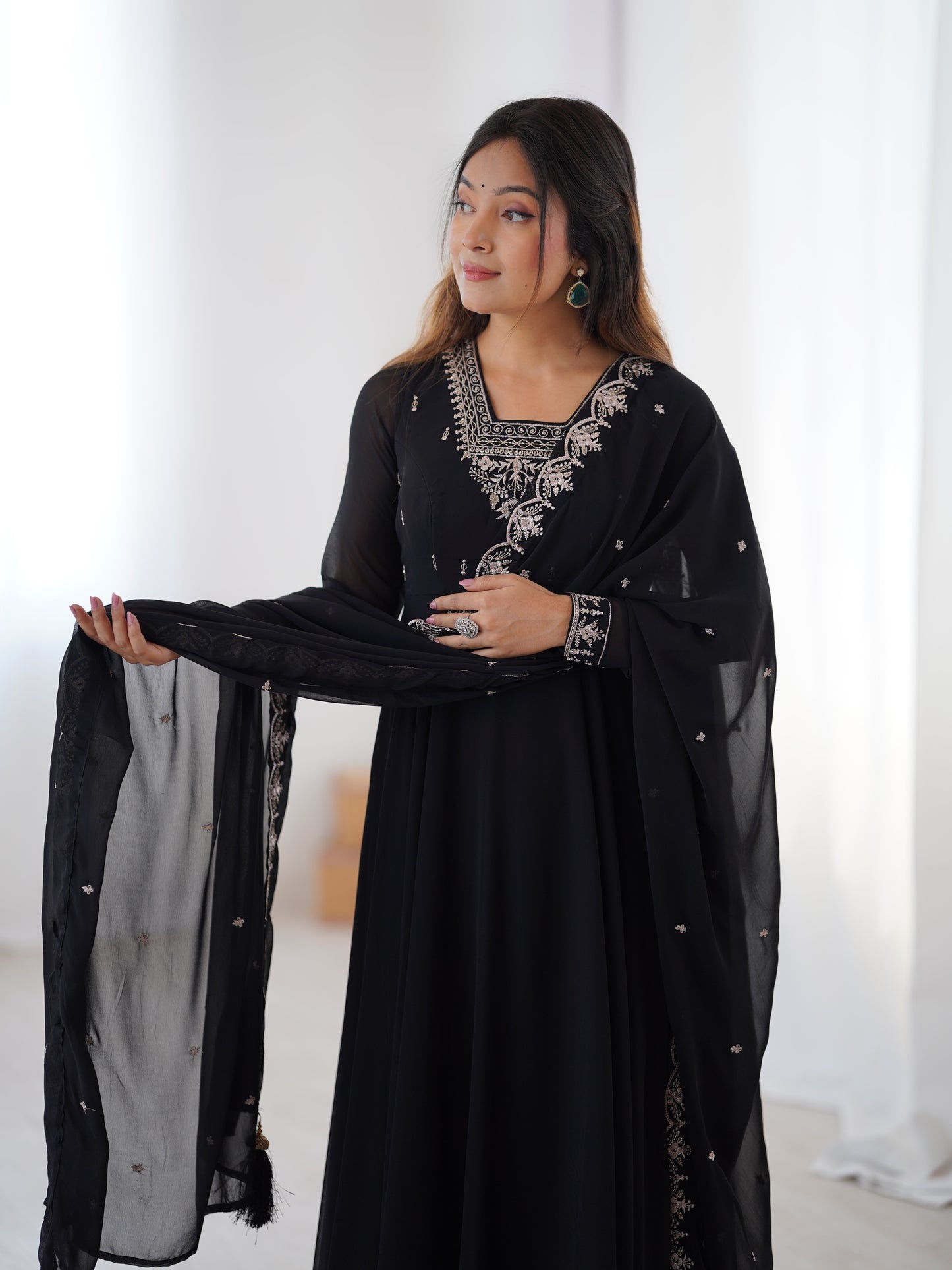 Premium Embroidered Faux Georgette Anarkali Set – Fully Stitched & Elegant