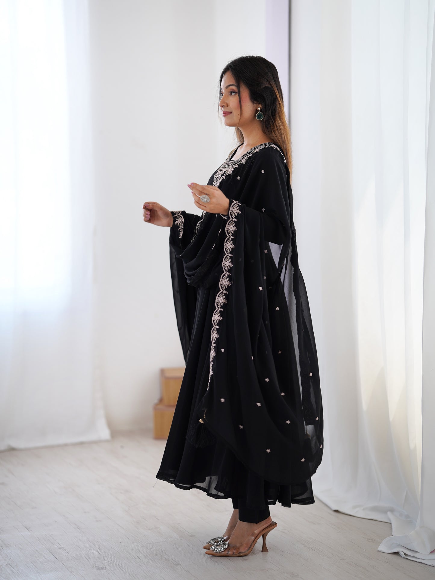 Premium Embroidered Faux Georgette Anarkali Set – Fully Stitched & Elegant