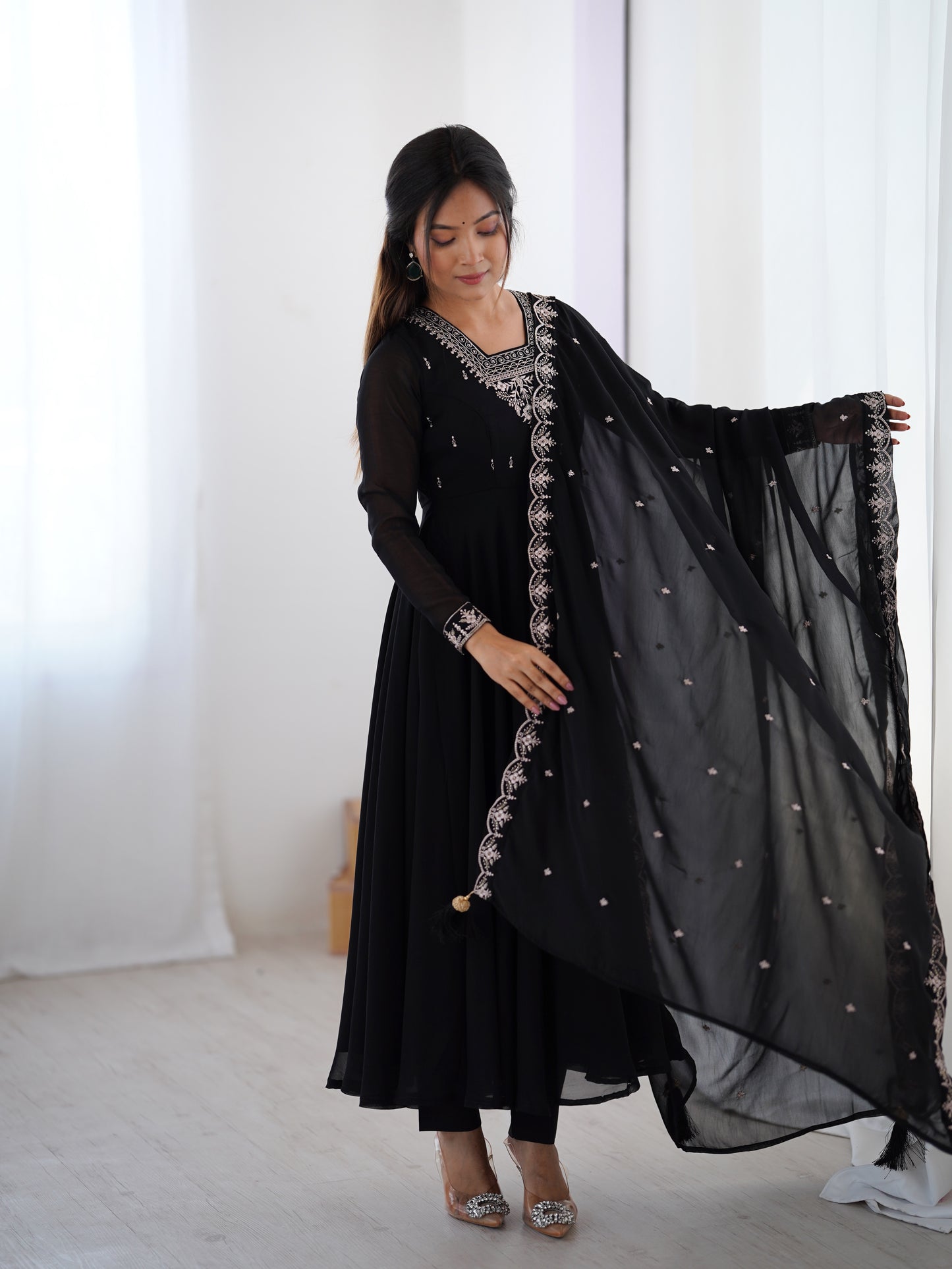 Premium Embroidered Faux Georgette Anarkali Set – Fully Stitched & Elegant
