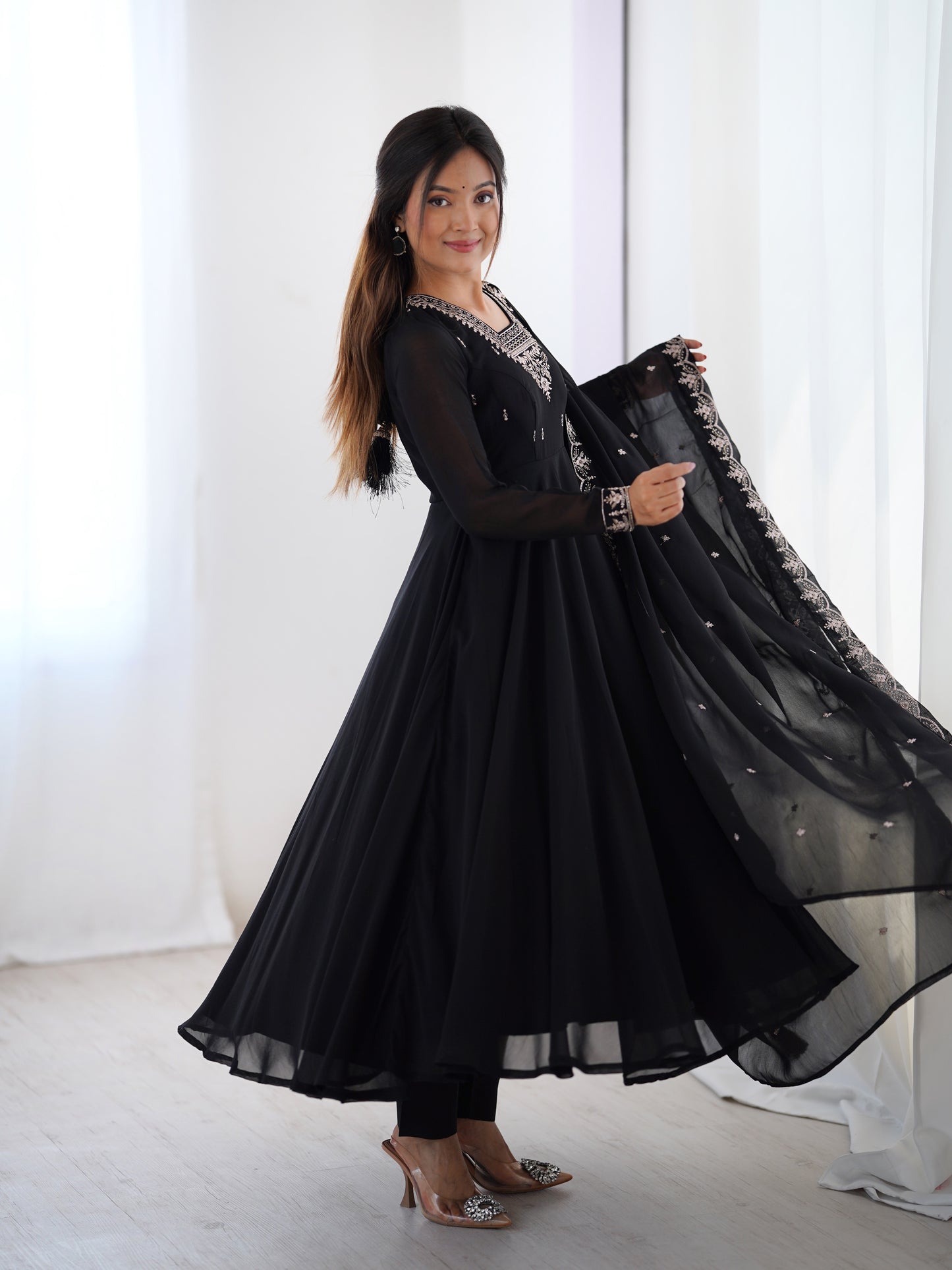 Premium Embroidered Faux Georgette Anarkali Set – Fully Stitched & Elegant