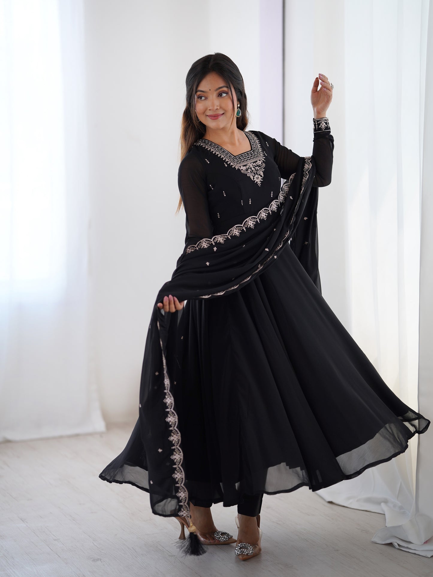 Premium Embroidered Faux Georgette Anarkali Set – Fully Stitched & Elegant