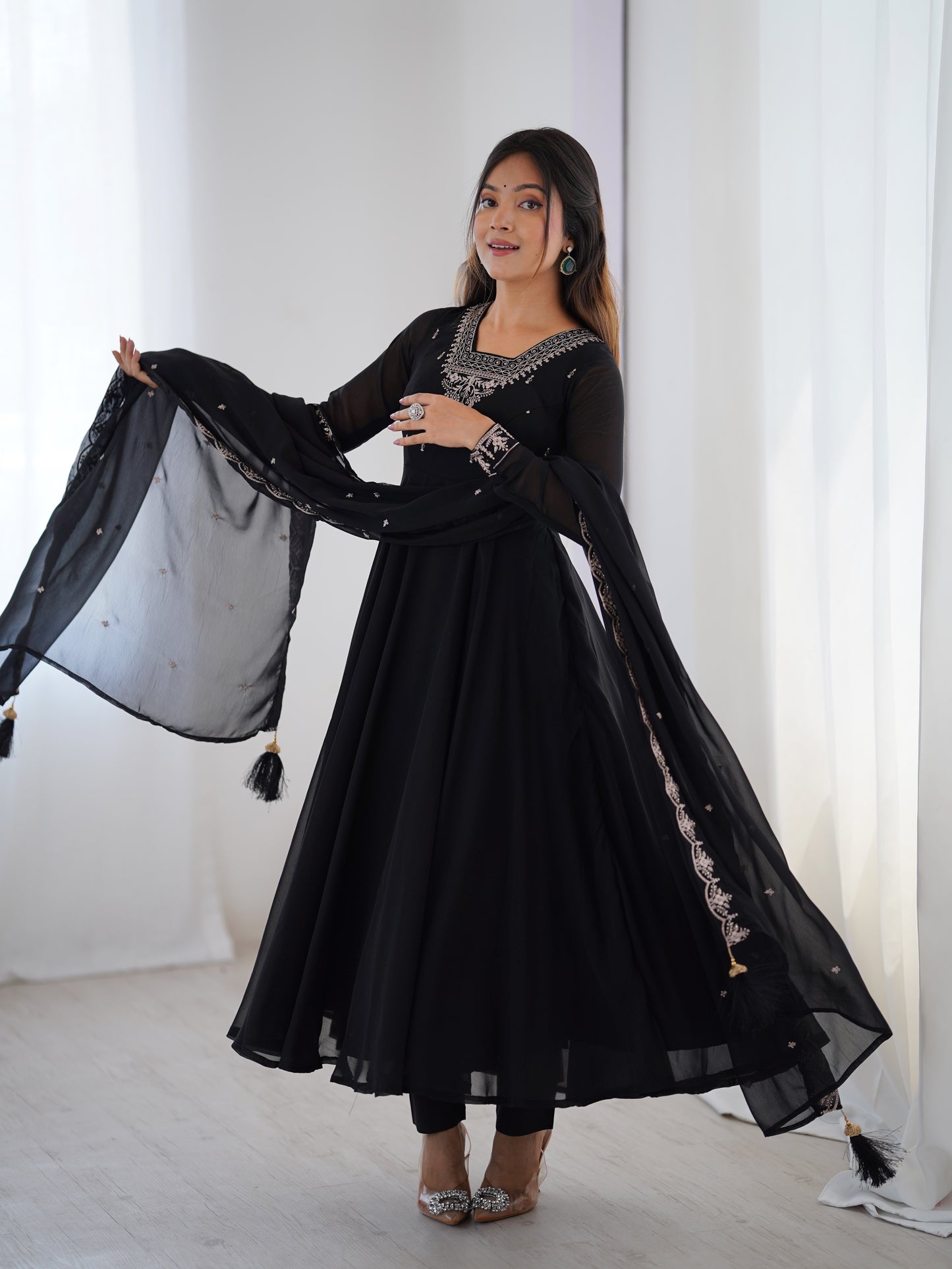 Premium Embroidered Faux Georgette Anarkali Set – Fully Stitched & Elegant