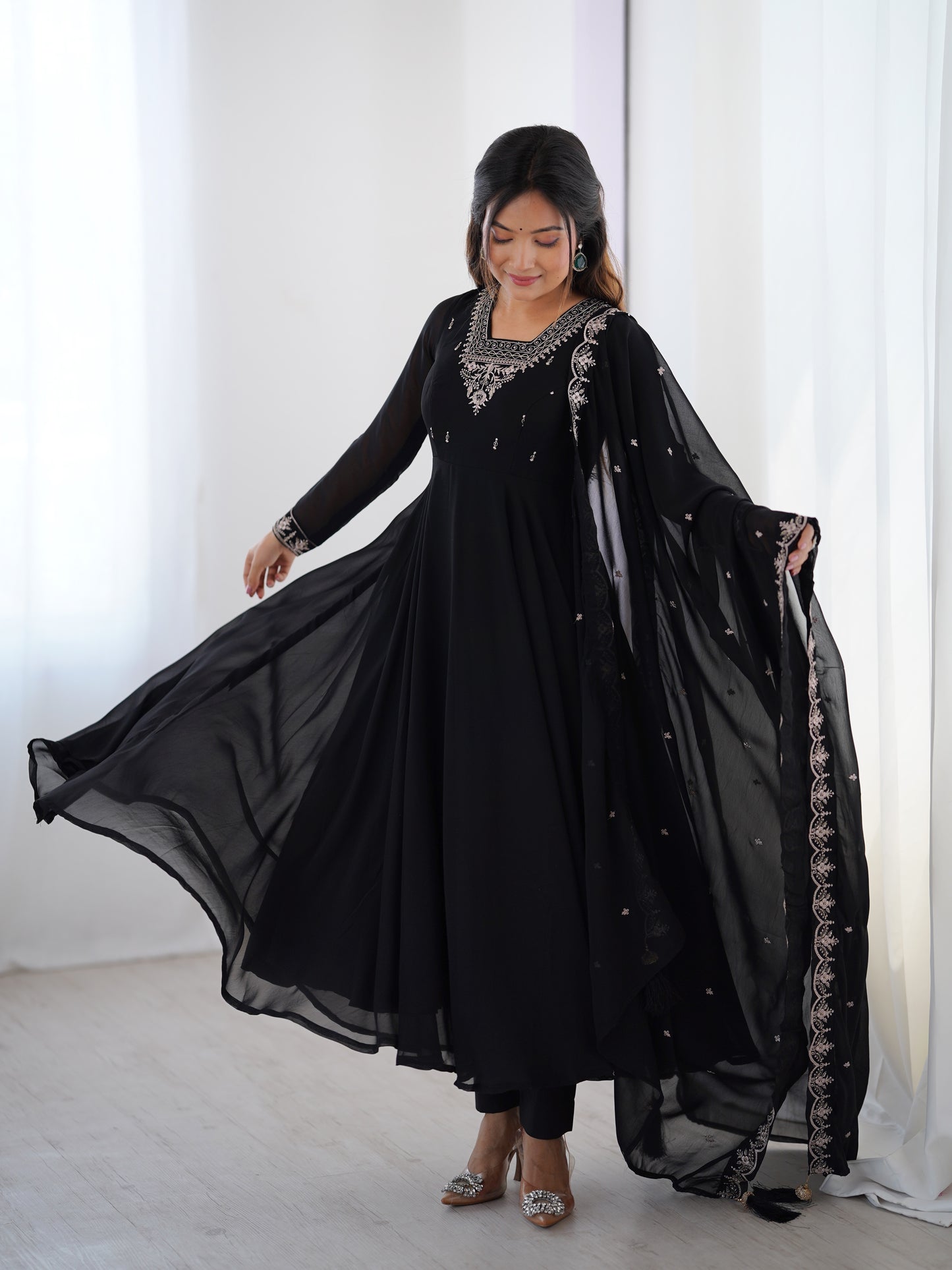 Premium Embroidered Faux Georgette Anarkali Set – Fully Stitched & Elegant