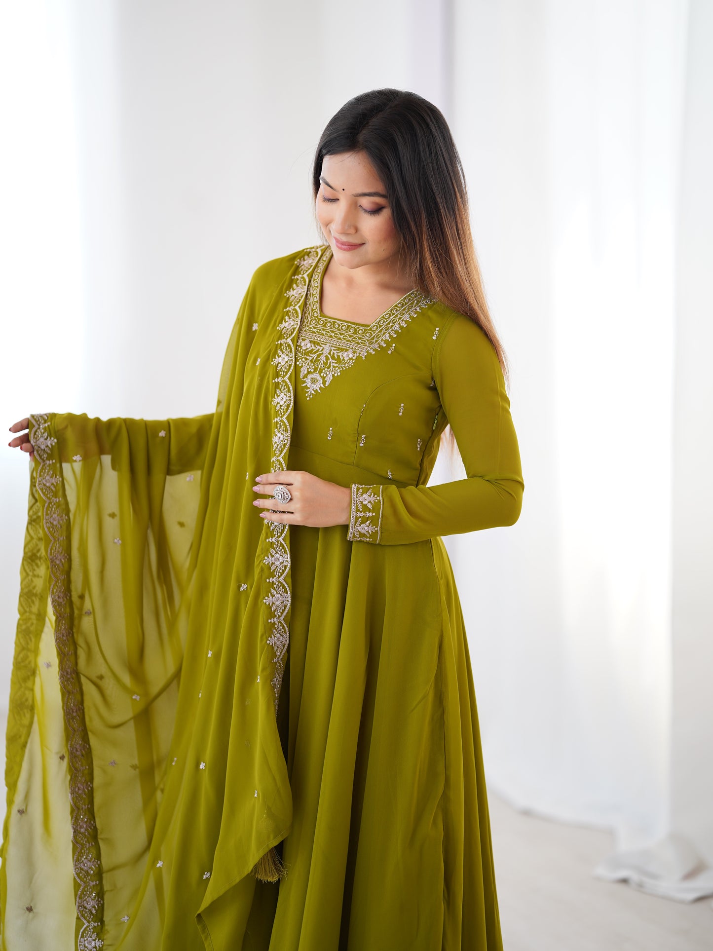 Premium Embroidered Faux Georgette Anarkali Set – Fully Stitched & Elegant