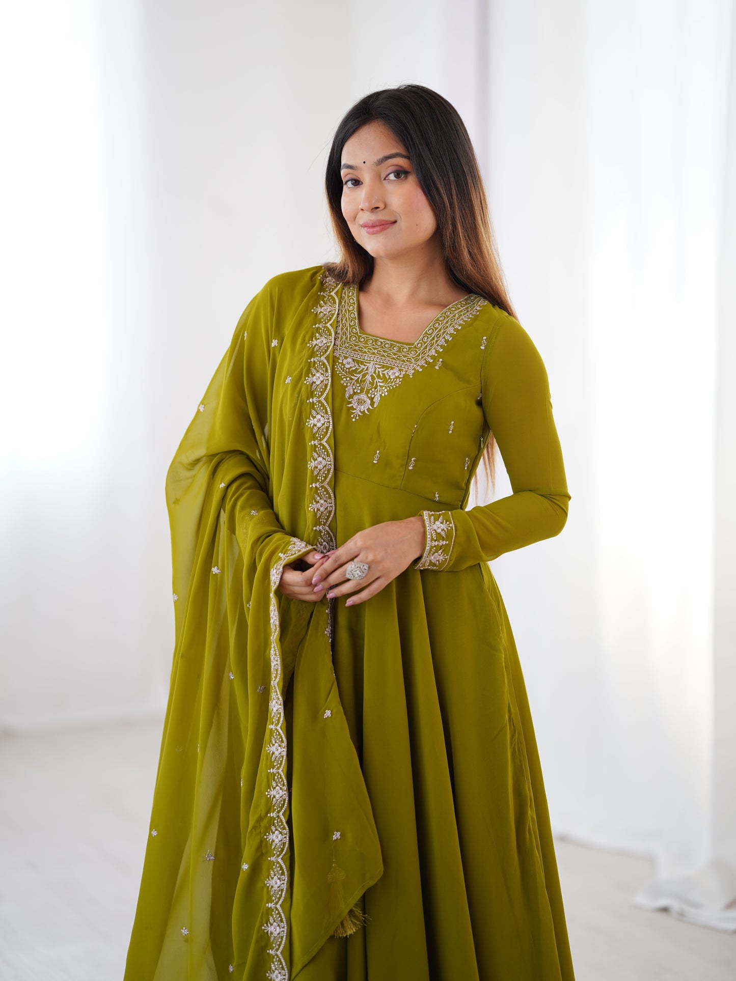 Premium Embroidered Faux Georgette Anarkali Set – Fully Stitched & Elegant