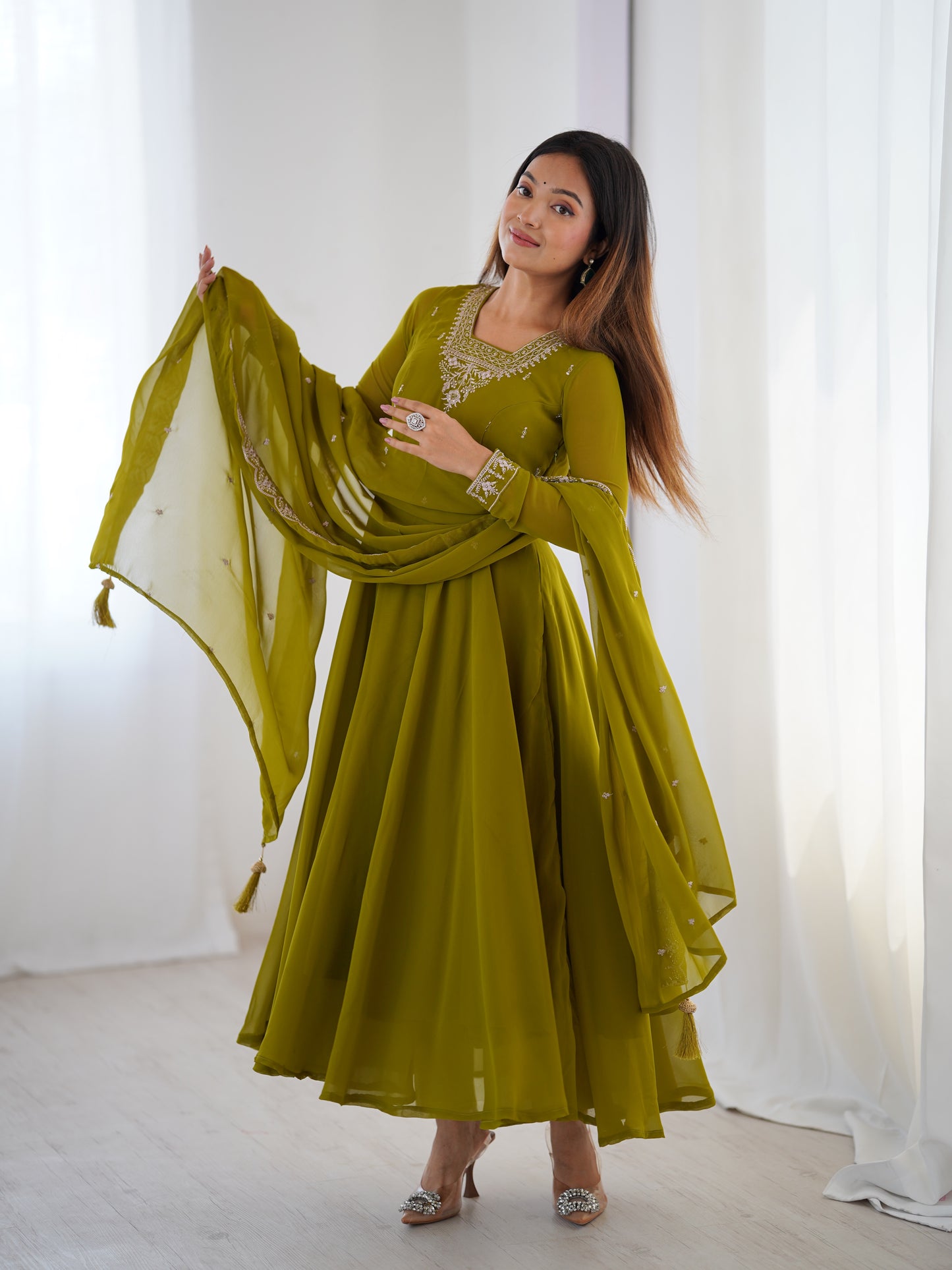 Premium Embroidered Faux Georgette Anarkali Set – Fully Stitched & Elegant