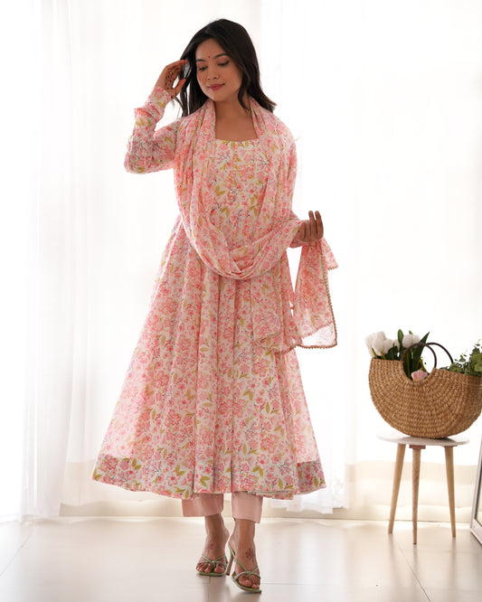Elegant Orange Chiffon Floral Print Anarkali Set – Fully Stitched & Ready to Wear