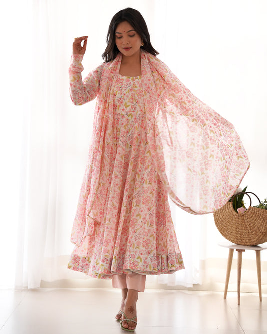 Elegant Orange Chiffon Floral Print Anarkali Set – Fully Stitched & Ready to Wear
