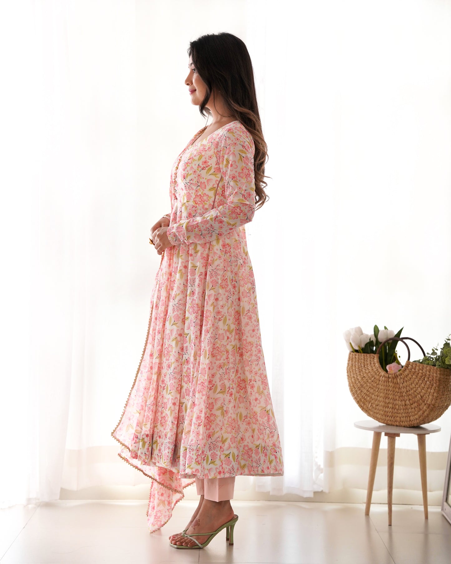 Elegant Orange Chiffon Floral Print Anarkali Set – Fully Stitched & Ready to Wear