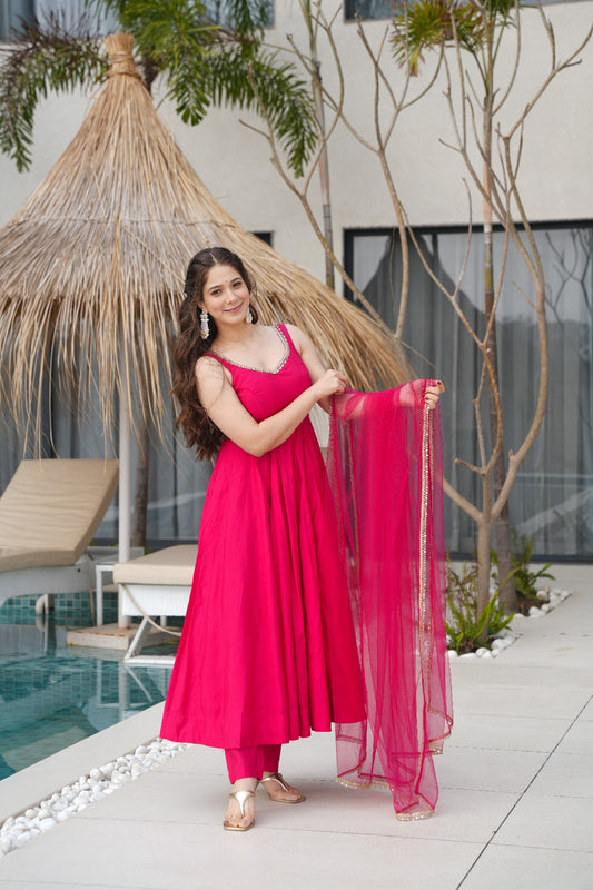 Pink Roman Silk Chanderi Anarkali Set – Fully Stitched & Ready to Wear
