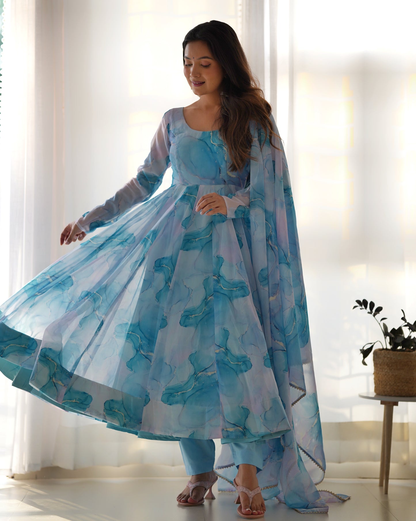 Amazing Soft Organza Silk Marble Print Anarkali Set – Fully Stitched & Ready to Wear
