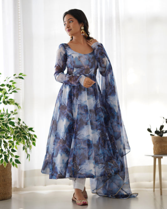 Amazing Soft Organza Silk Marble Print Anarkali Set – Fully Stitched & Ready to Wear