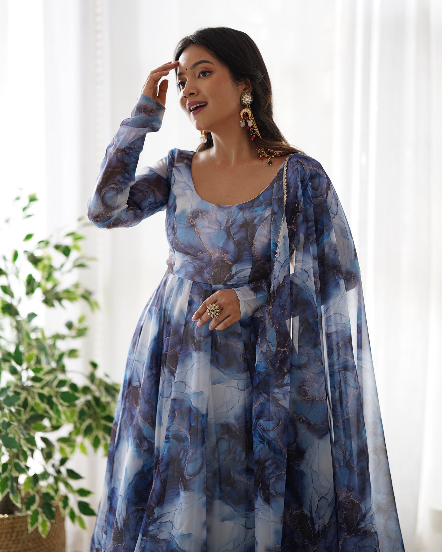Amazing Soft Organza Silk Marble Print Anarkali Set – Fully Stitched & Ready to Wear