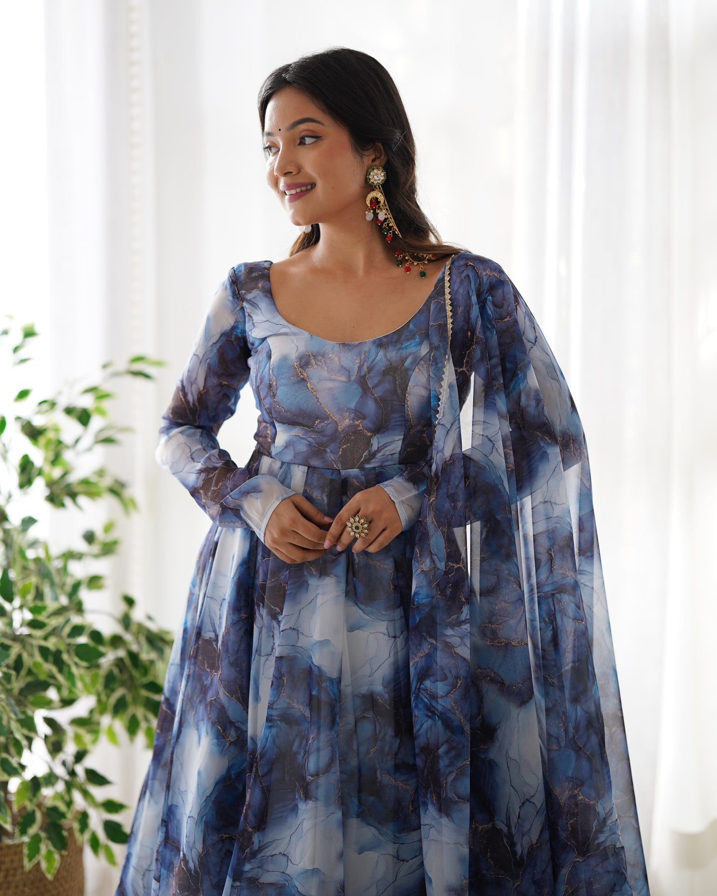 Amazing Soft Organza Silk Marble Print Anarkali Set – Fully Stitched & Ready to Wear