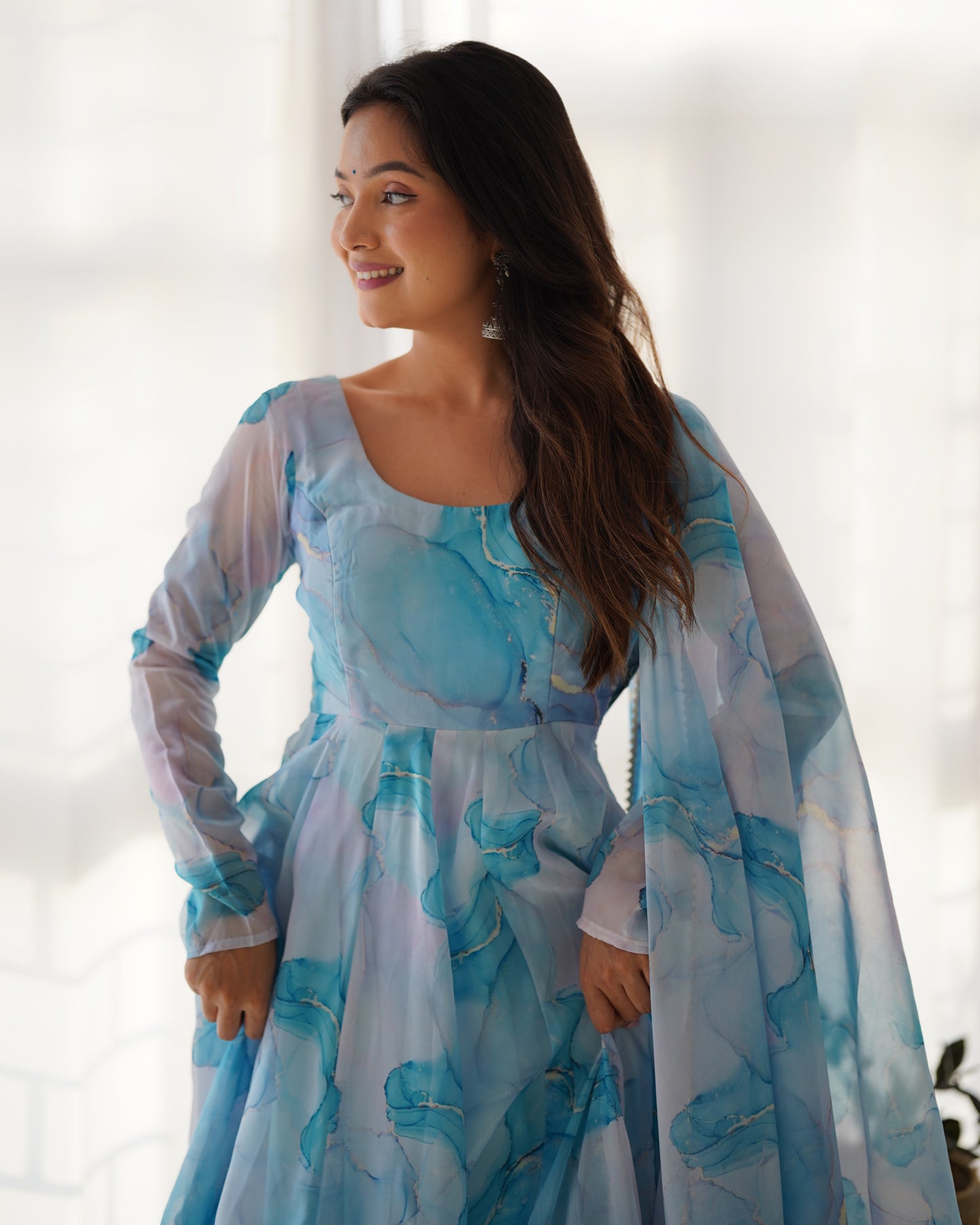 Amazing Soft Organza Silk Marble Print Anarkali Set – Fully Stitched & Ready to Wear