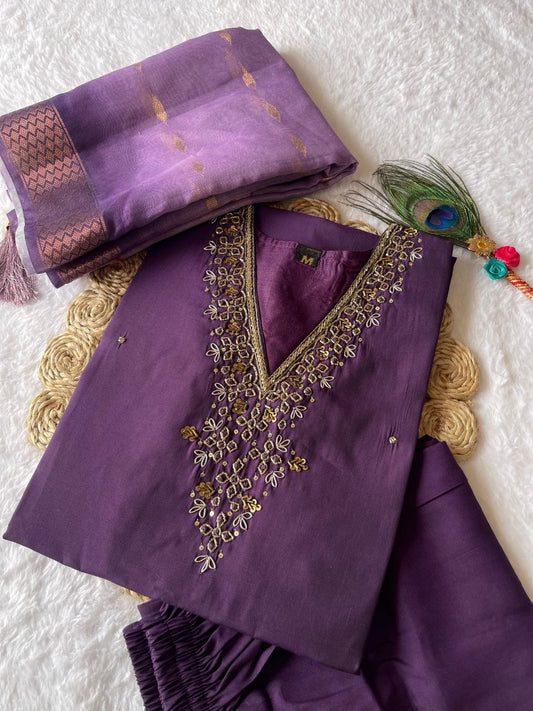 Entrancing Wine Roman Silk Handworked Kurta Pant Dupatta Set - Ethnicwish