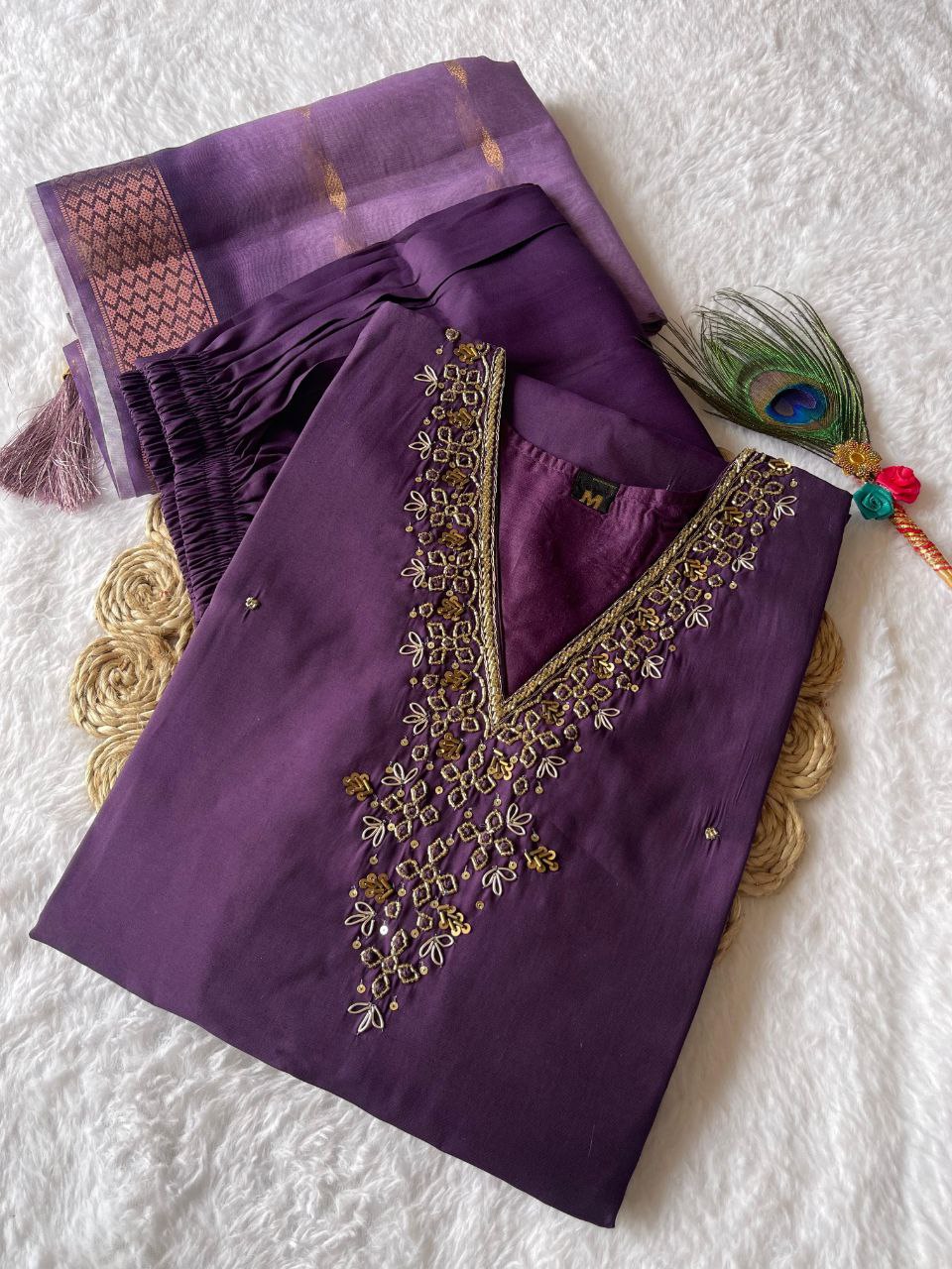 Entrancing Wine Roman Silk Handworked Kurta Pant Dupatta Set - Ethnicwish